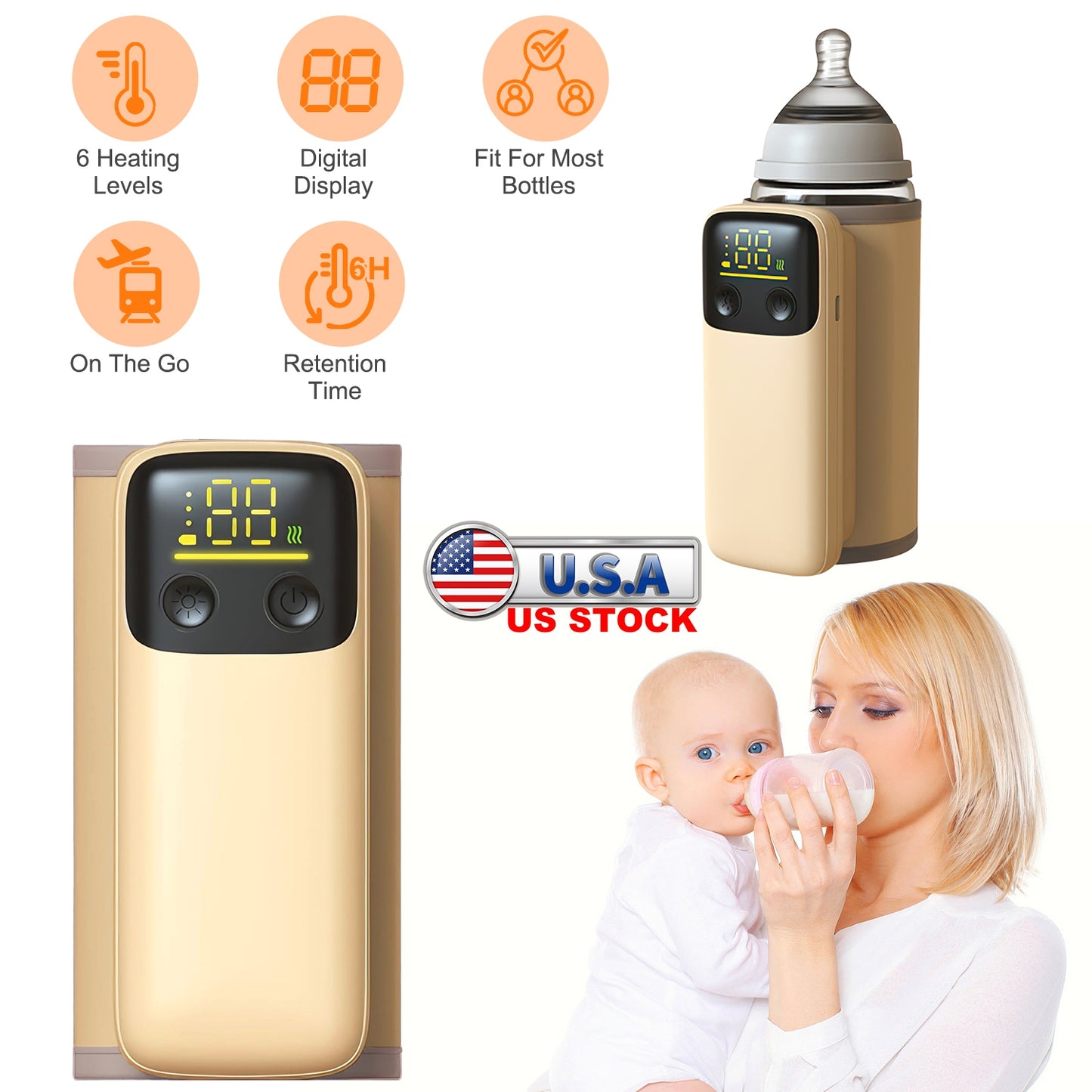 Portable Bottle Warmer with Night Light On The Go Baby Milk Warmer Milk Formula Warmer for Home Travel with 6 Heating Levels