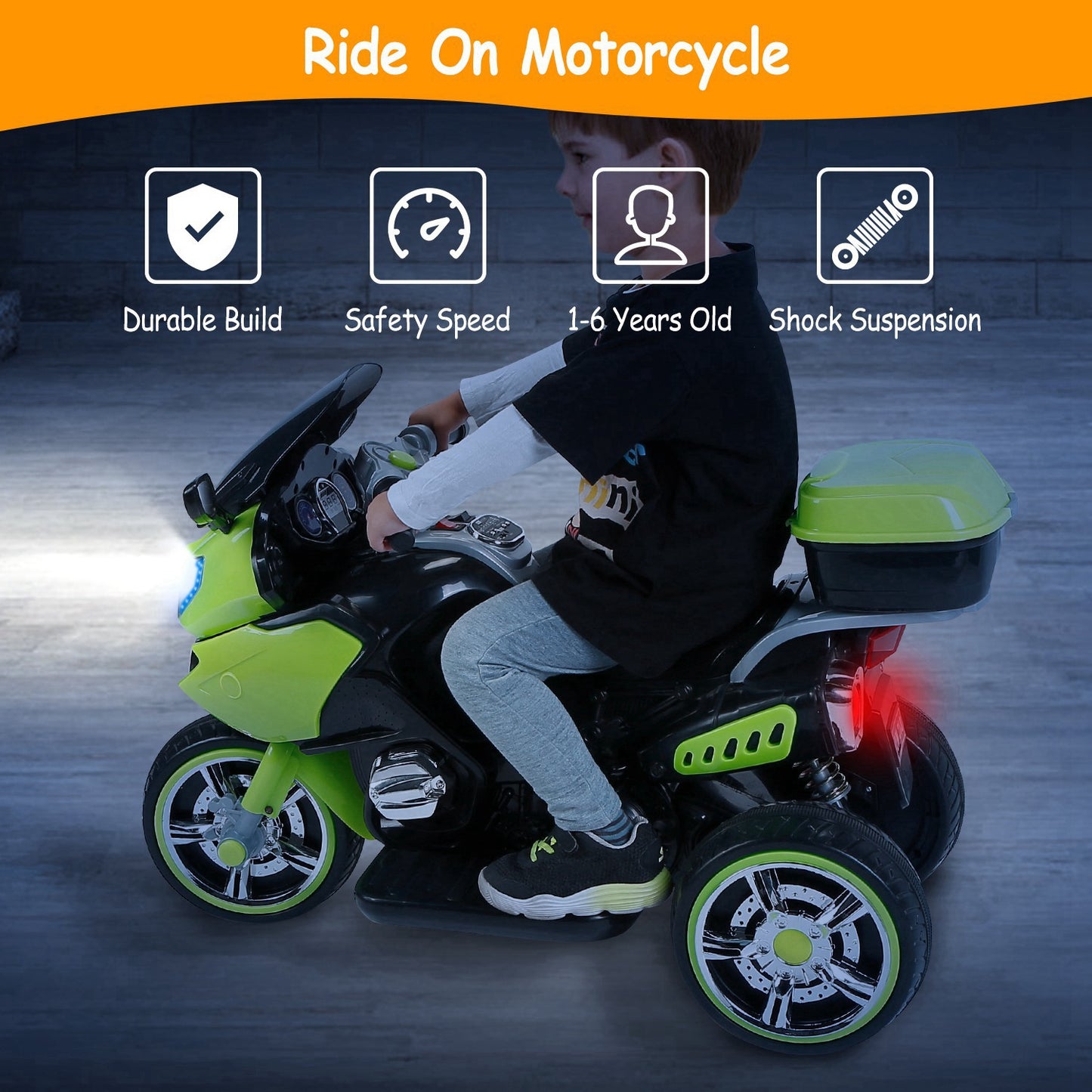 3 Wheel Motorcycle For Kids Aged 1-6 Battery Powered Ride On Toy Electric Tricycle w/Music Story Broadcasting Headlight Rear Light Forward Reverse