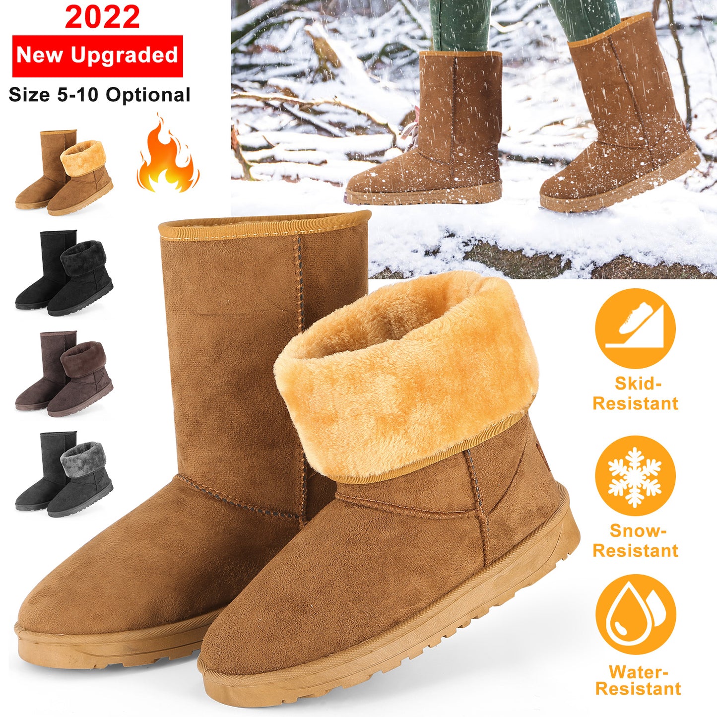 Women Ladies Snow Boots Waterproof Faux Suede Mid-Calf Boots Fur Warm Lining Shoes