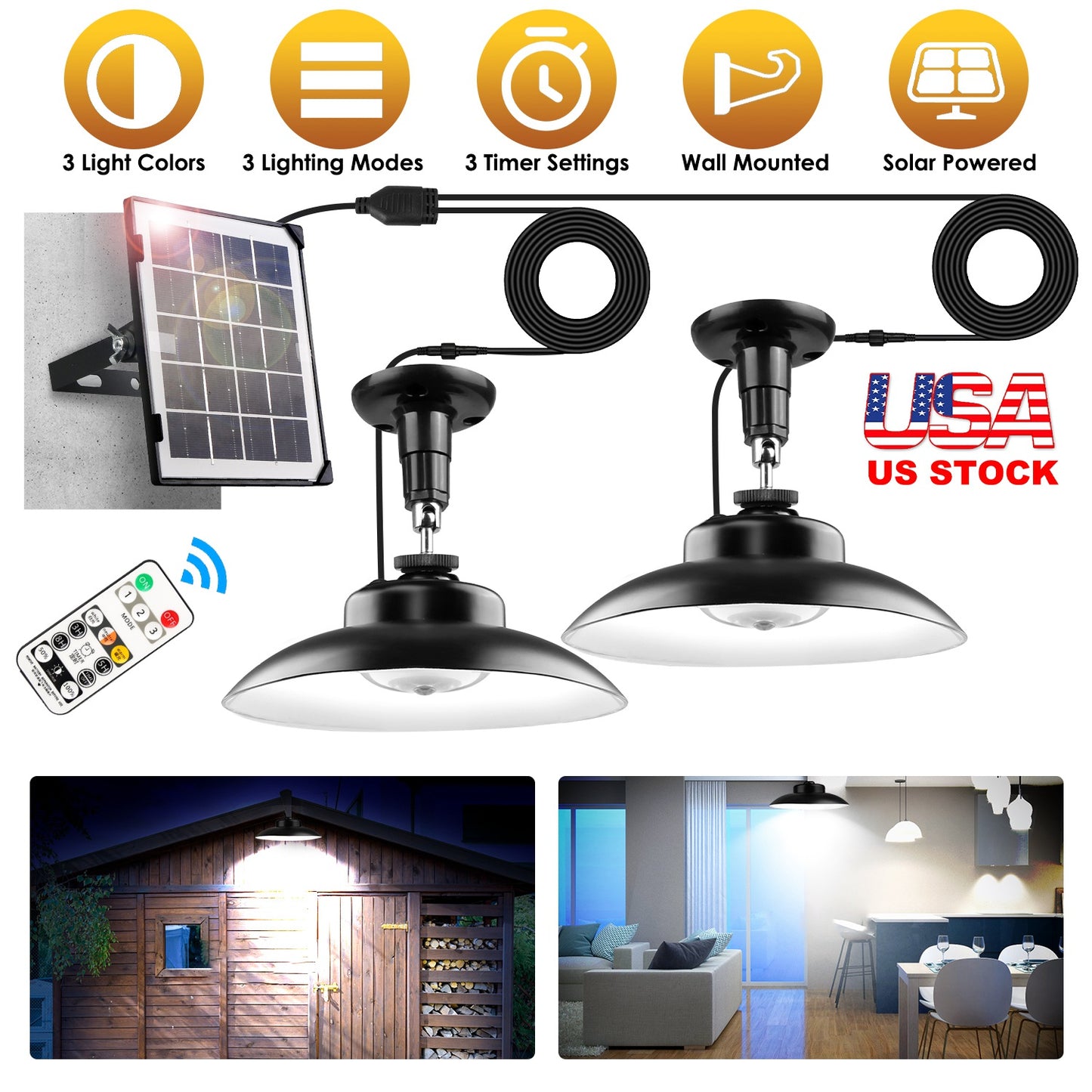 2Pack Solar Shed Lights with Separate Panel Wall Mounted Solar Pendant Light Indoor Outdoor with Remote Timer 3 Modes 3 Light Colors IP 55 Waterproof