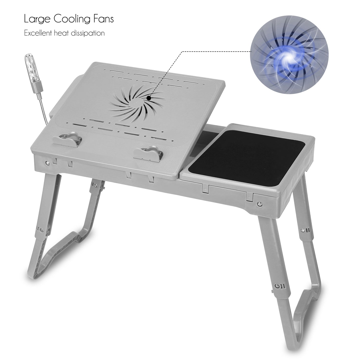 Foldable Laptop Table Bed Notebook Desk w/Cooling Fan Mouse Board LED light 4 x USB Ports Breakfast Snacking Tray with Storage Groove For Home Office