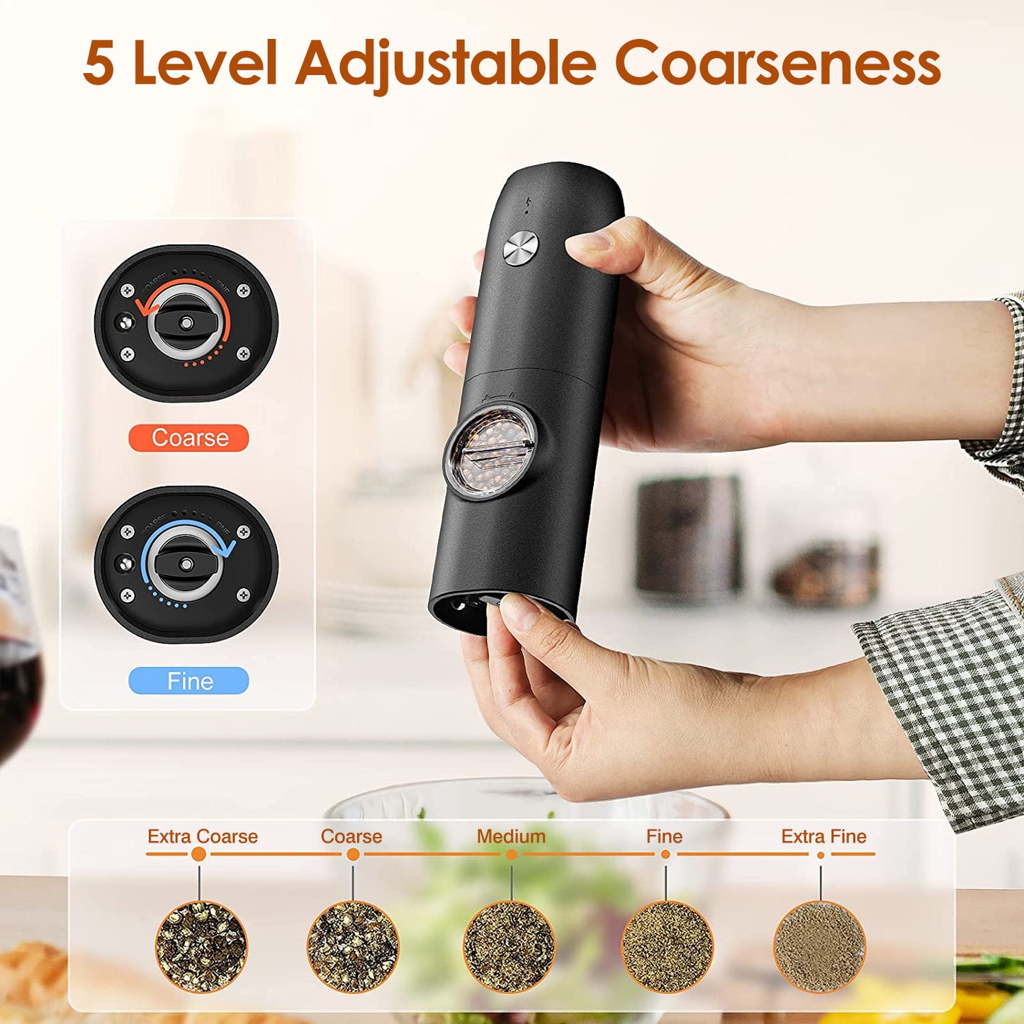 Electric Salt and Pepper Grinder Rechargeable Charging Base Automatic Salt Mill LED Indicator Adjustable Coarseness One Hand Easy Operation