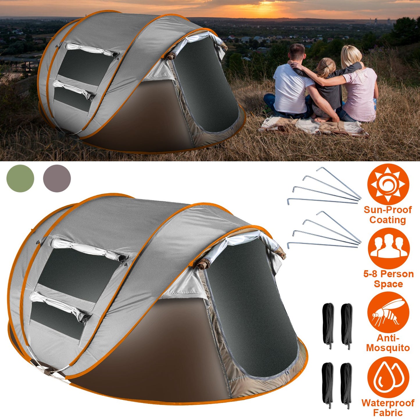 5-8 Person Pop Up Tent Automatic Setup Camping Tent Waterproof InstantÊSetup Tent with 4 Mosquito Net Windows Carrying Bag for Hiking Climbing Adventu