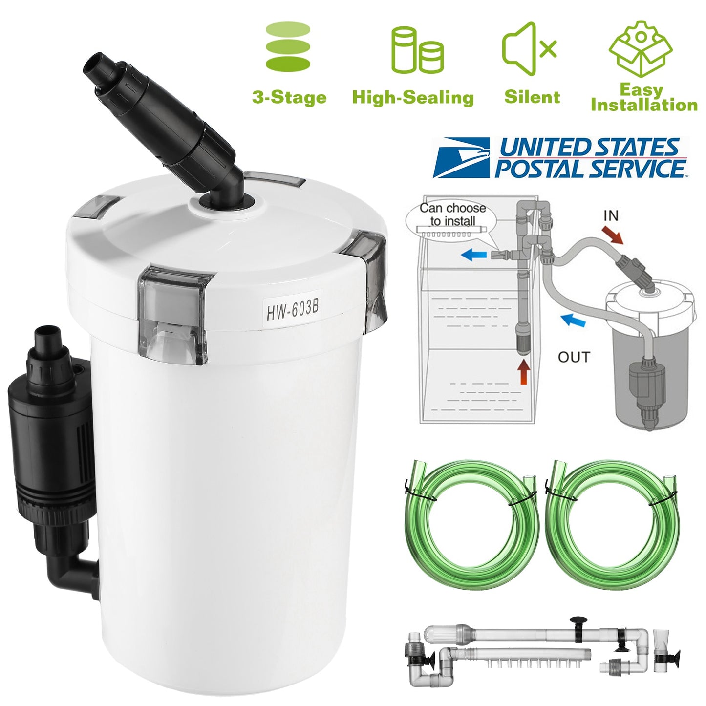 3-Stage External Canister Filter for 28 Gallon Aquarium Fish Tank 105gph 6W Easy Installation Silent