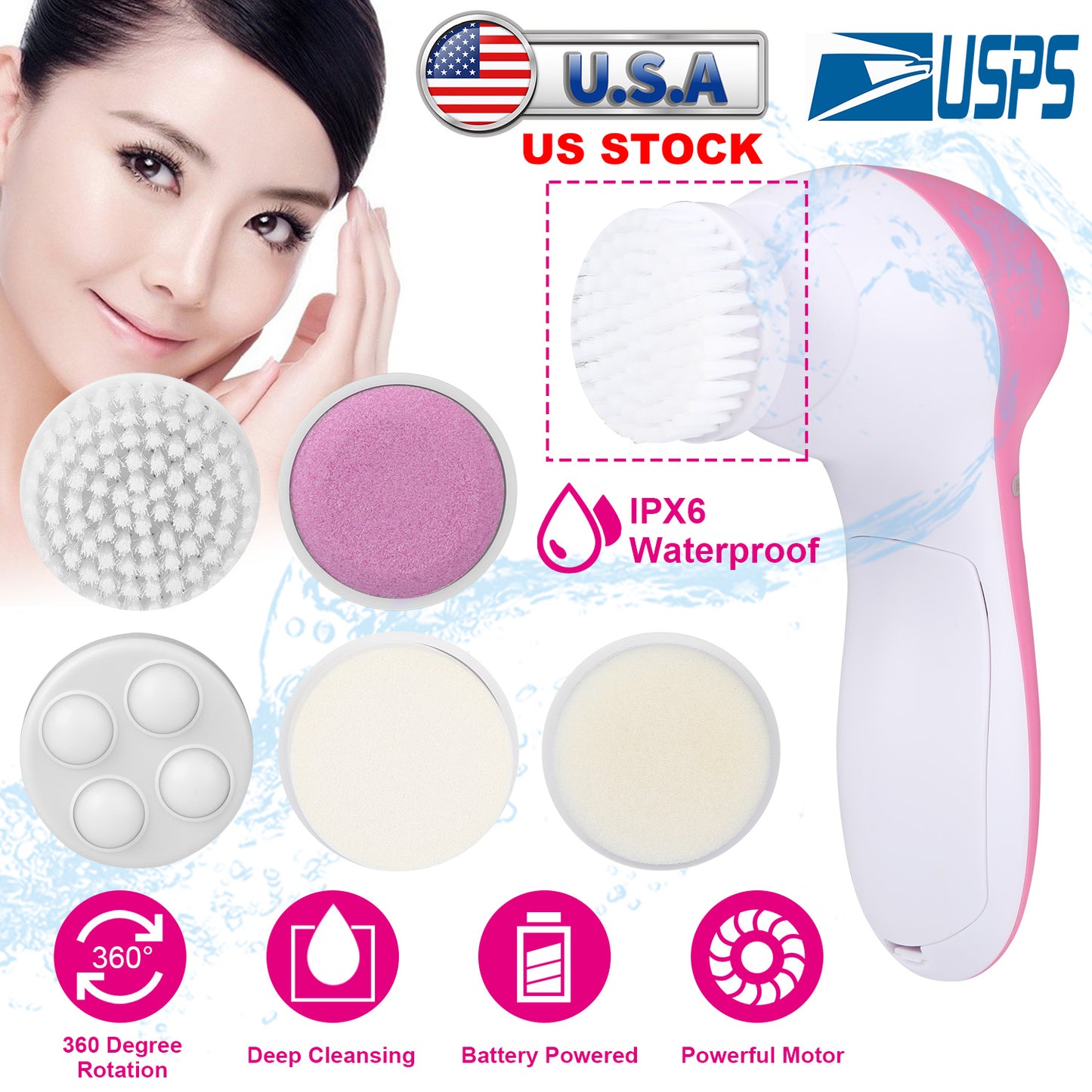 Facial Cleansing Brush Waterproof Face Spin Cleaning Brush with 5 Brush Heads Deep Cleansing Body Facial Brush Set for Gentle Exfoliating Removing Bla