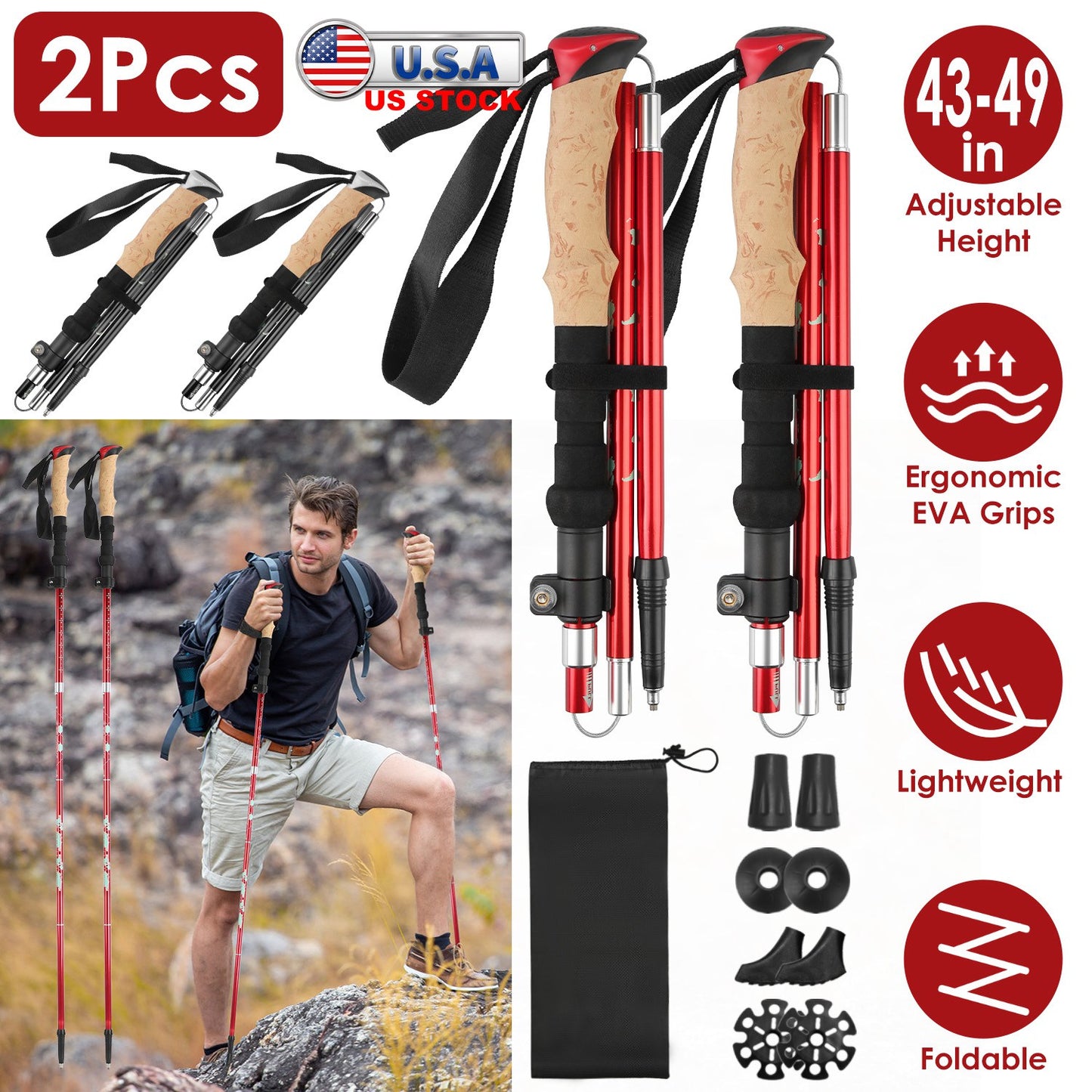 2Pcs Walking Sticks Collapsible Hiking Poles Folding Aluminum Trekking Poles Adjustable Hiking Sticks with EVA Foam Grips for Backpacking Hiking Mount