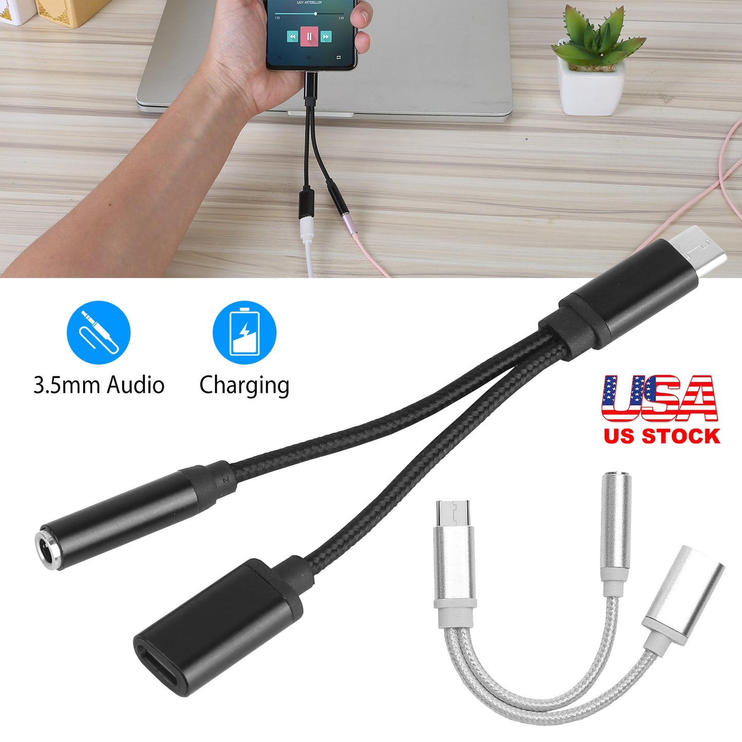 USB Type C to 3.5mm Aux Audio Charging Adapter Braided TPE Metal Shell Headphone Jack Splitter Cable Wire Charger