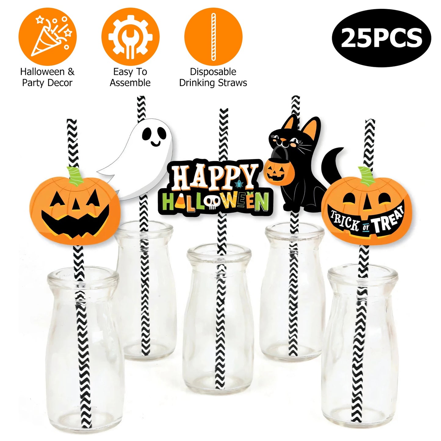 25Pcs Halloween Party Striped Decorative Straws Disposable Drinking Straws Paper Straw Decor Happy Halloween Ghost Lantern Black Cat Halloween Party S