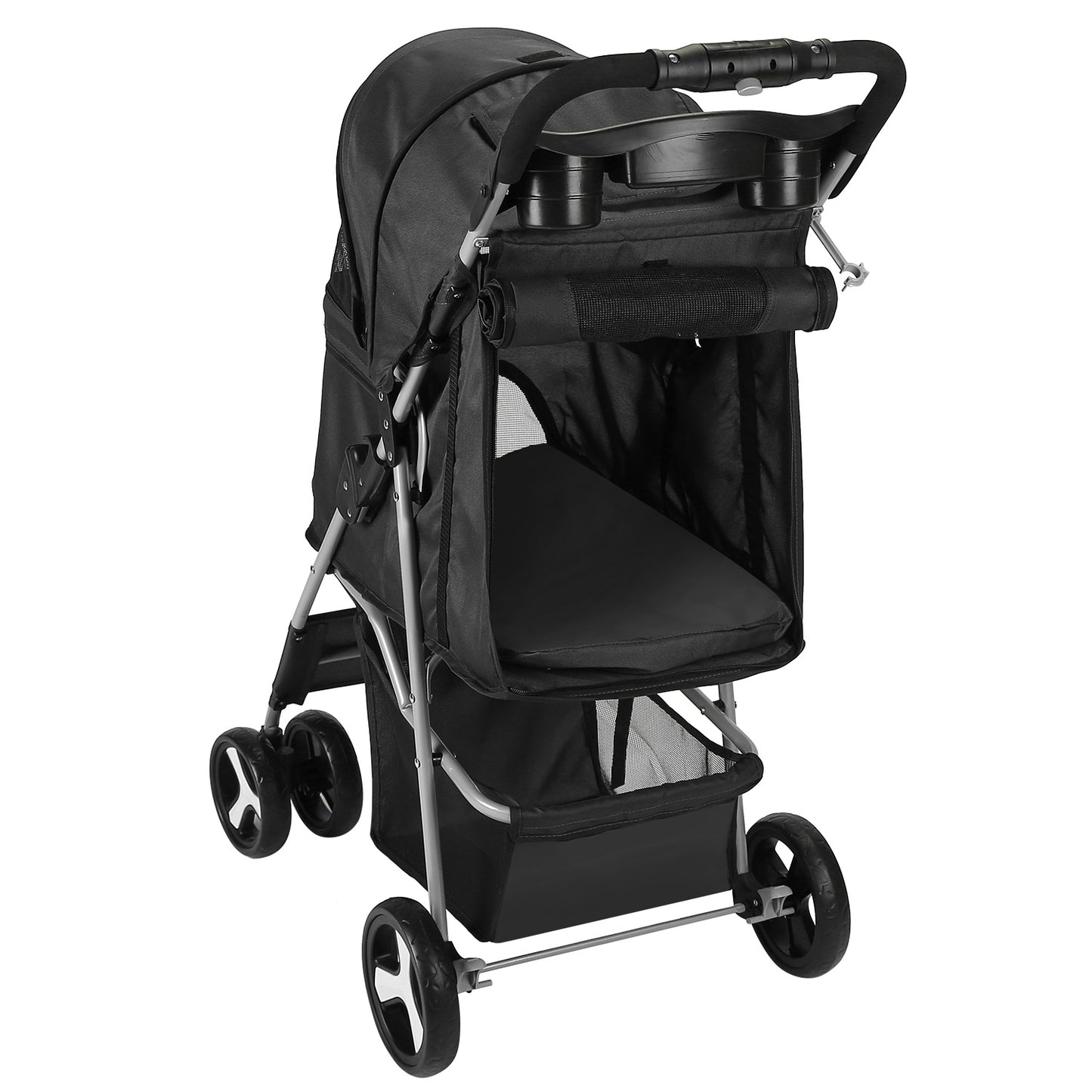 4 Wheels Pet Stroller Foldable Carrier Strolling Cart Travel Jogger Pet Stroller with Removable Liner Storage Basket for Dog Cat