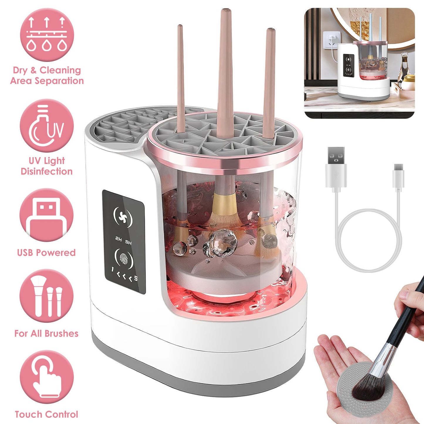 4 In 1 Electric Makeup Brush Cleaner USB Powered Automatic Brush Blender Machine with Timer Digital Display Cleaning Drying UV Disinfection Brush Stor