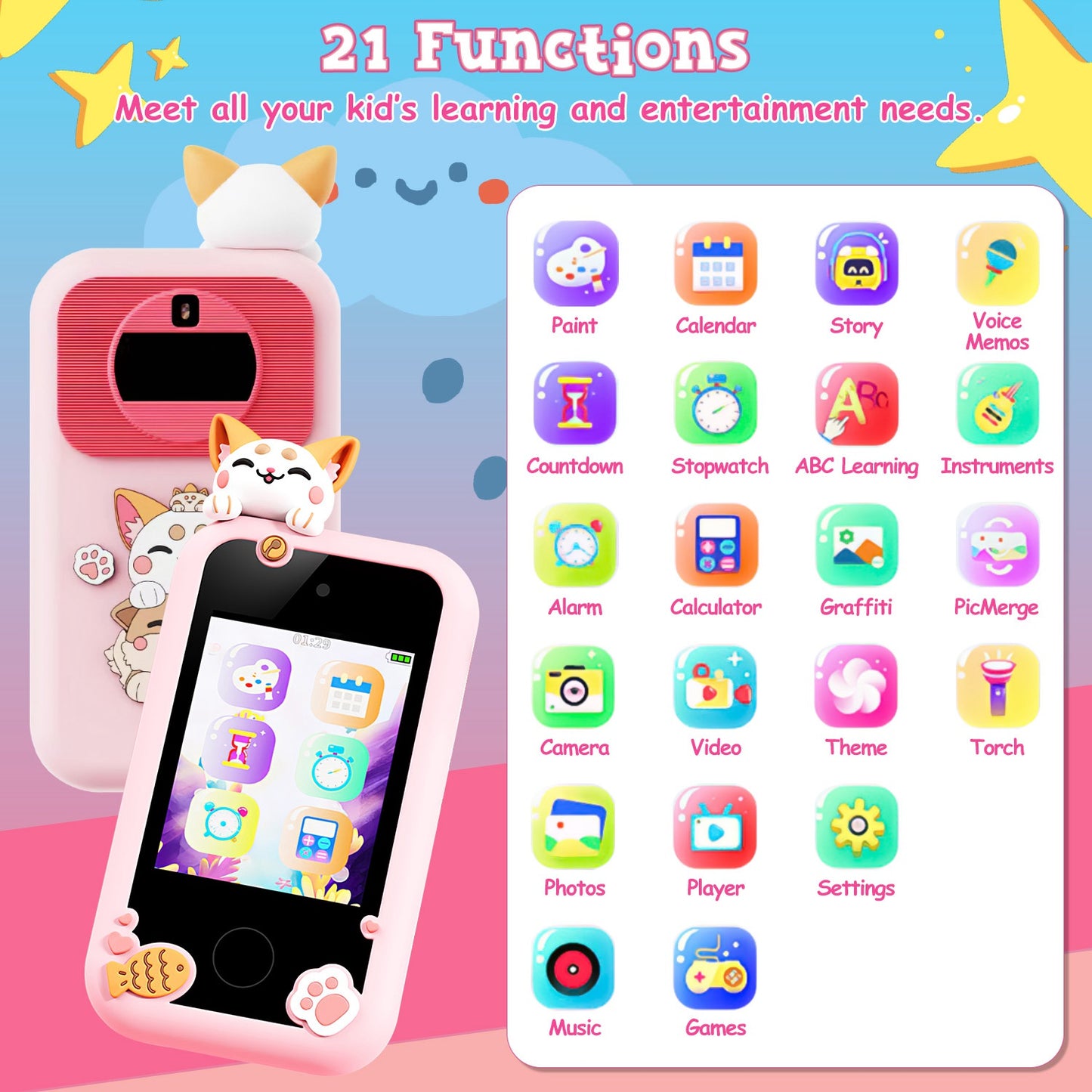 Kids Toy Smartphone Dual Camera Phone Touchscreen Learning Toy with Shockproof Cartoon Case Torch 16 Games ABC Learning for Boys Girls Aged 3+