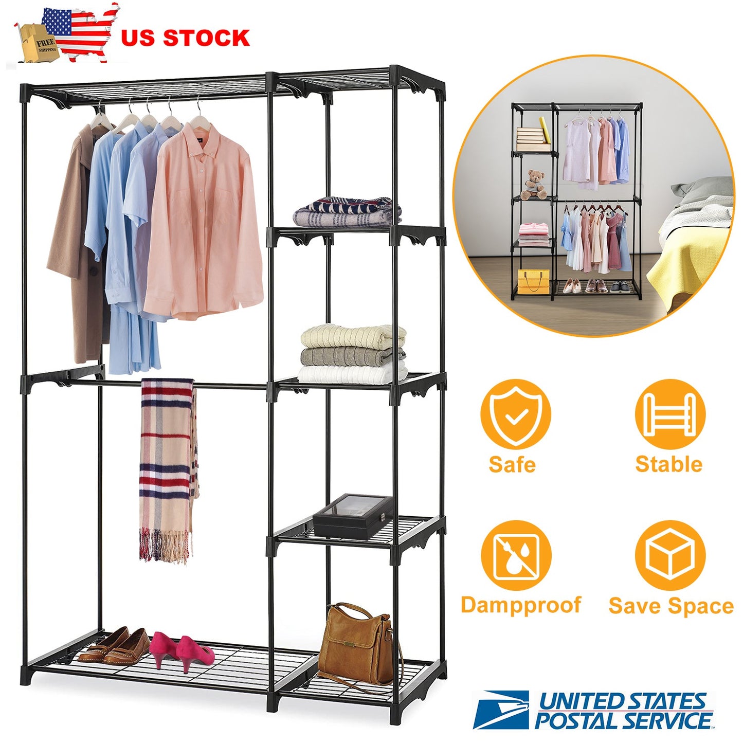 Metal Closet Deluxe Double Rod Freestanding Closet Clothes Storage Organizer Coat Storage Wardrobe Metal Shoes Storage Rack with 5-Tier Wire Shelving