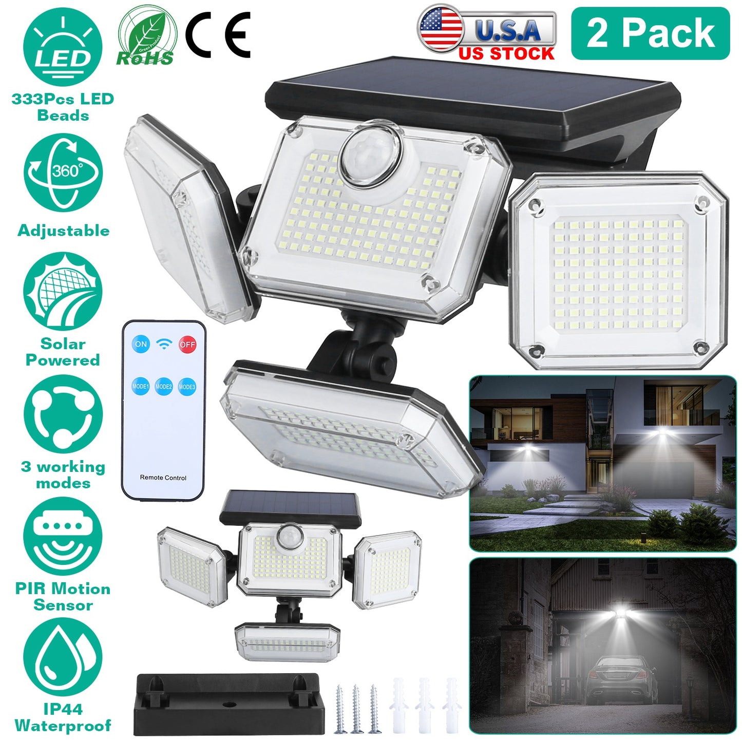 2 Pack Solar Powered Wall Lights IP44 Waterproof Motion Sensor Lights with 4 Adjustable Heads 333Pcs LED Beads 120¡ Sensing Angle Remote Control for Y