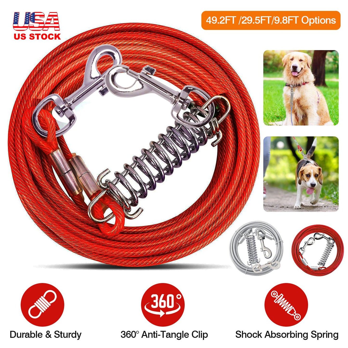 29.5FT Dog Tie Out Cable Long Dog Leash Chew Proof Lead Dog Chain with Durable Spring 360¡ Rotatable Clips PVC Case for Outside Yard Caming