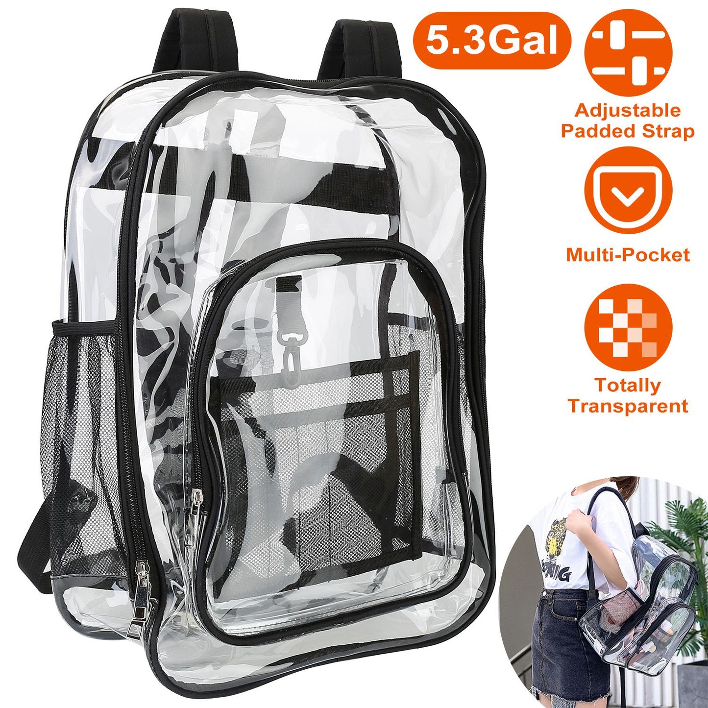 Clear Backpack Heavy Duty Transparent Book Bag Waterproof PVC Clear Backpack 5.3Gal with Reinforced Strap for College Workplace