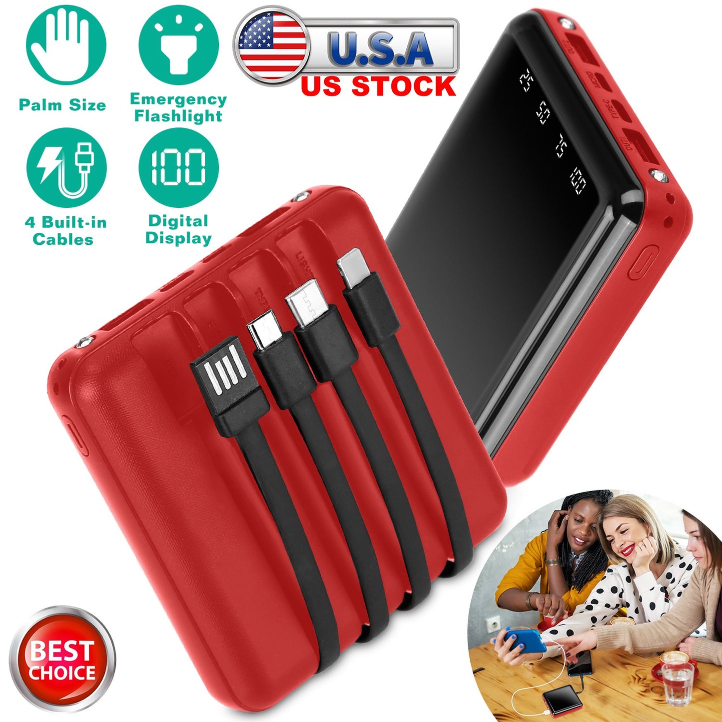 10000mAh Portable Charger Power Bank External Battery Pack w/ 4 Built-in Cables w/ LED Flashlight