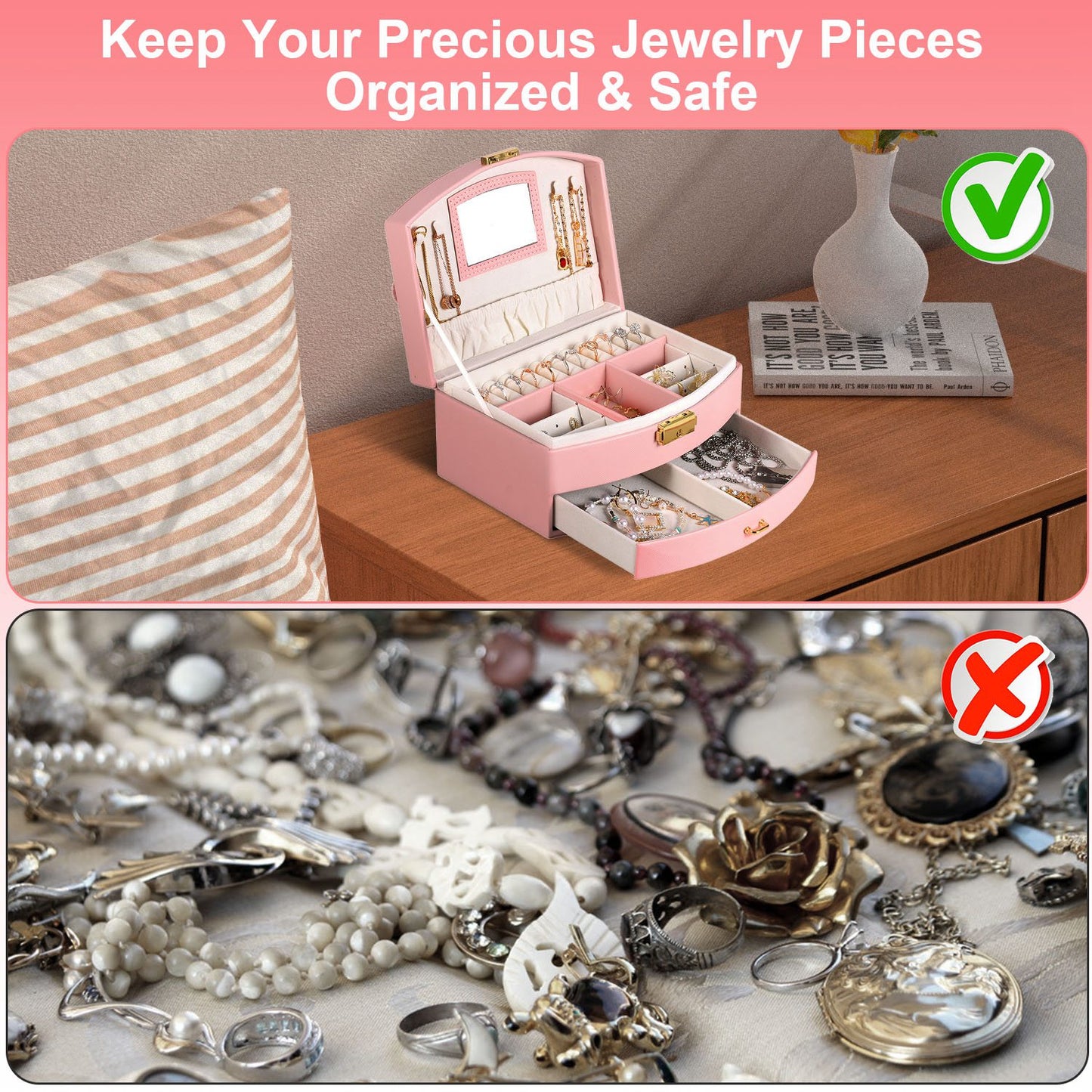 2-Layer Jewelry Box for Women Girls Lockable Leather Jewelry Organizer Jewelry Travel Case for Rings Earrings Necklaces Bracelets