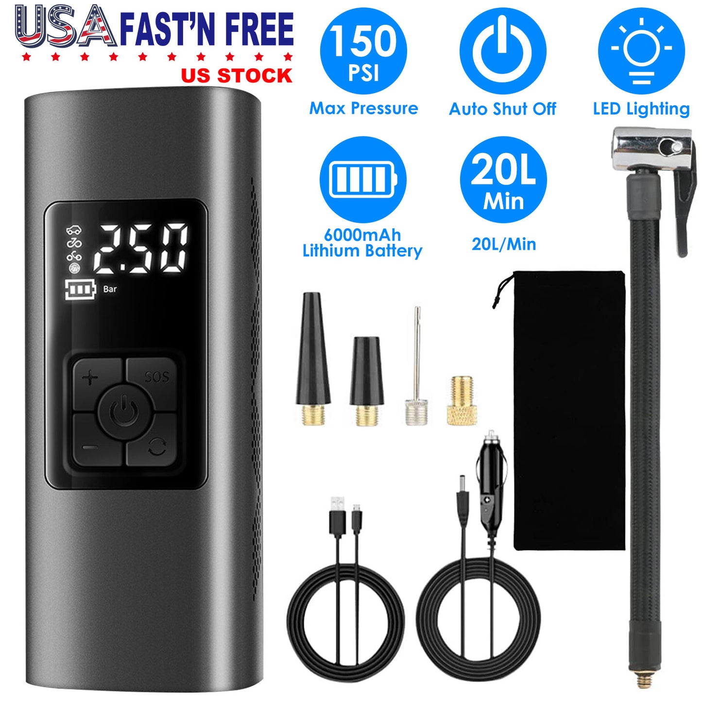 150PSI Cordless Car Tire Pump 6000mAh Rechargeable Tire Inflator Portable Air Compressor for Car Bike Motorcycle Ball