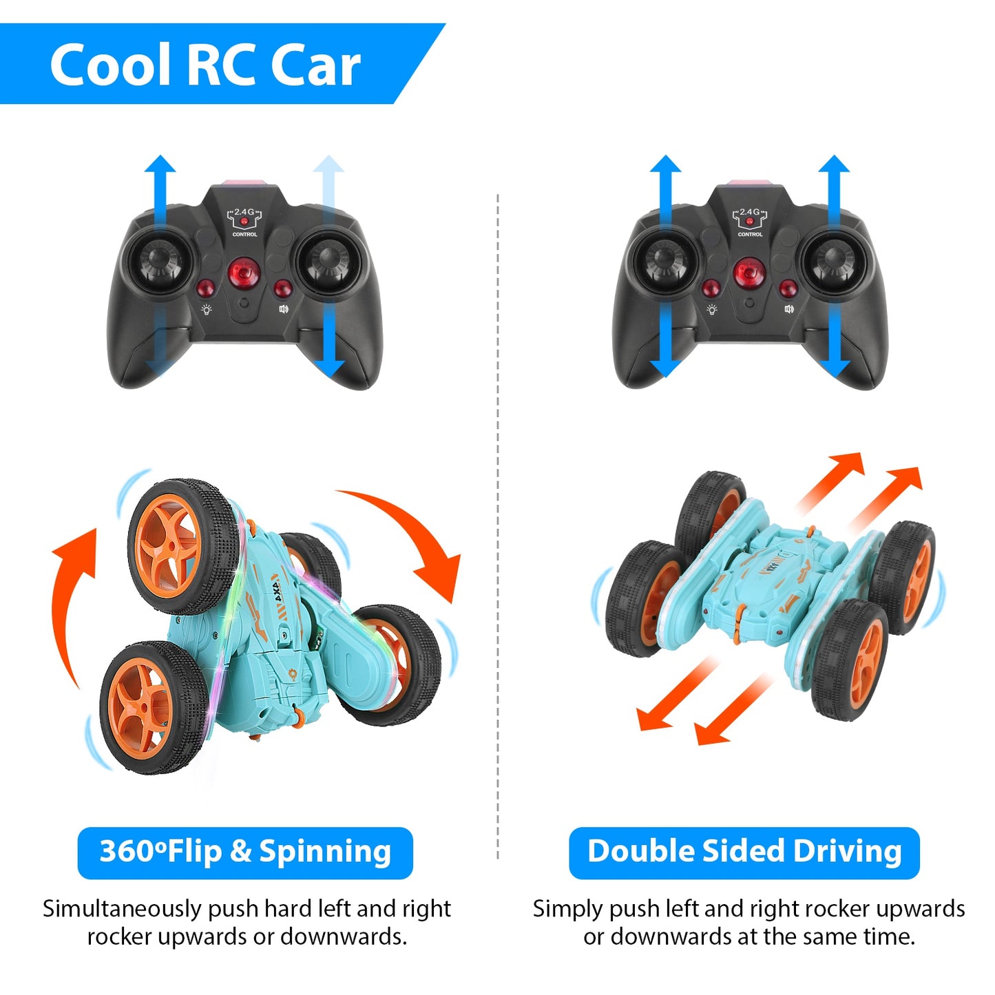 Kid Driving RC Stunt Car 7 Color Strip Light Dynamic Music Swing Arm Double-sided Rolling Remote Control Car Off Road 2.4GHz 4WD Rechargeable Racing