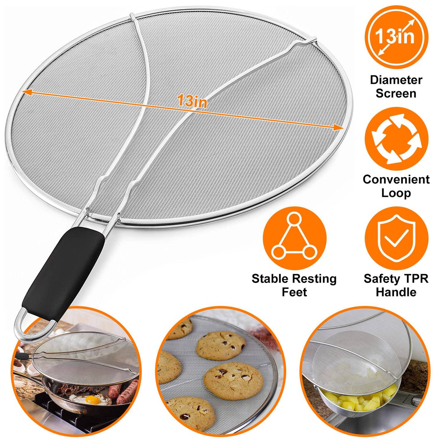 Grease Splatter ScreenÊ13in Stainless Steel Fine Mesh Splash Mesh Shield Hot Oil Stopper w/ Resting Feet For Frying Pan Cooking Woks Skillets Pots Pan