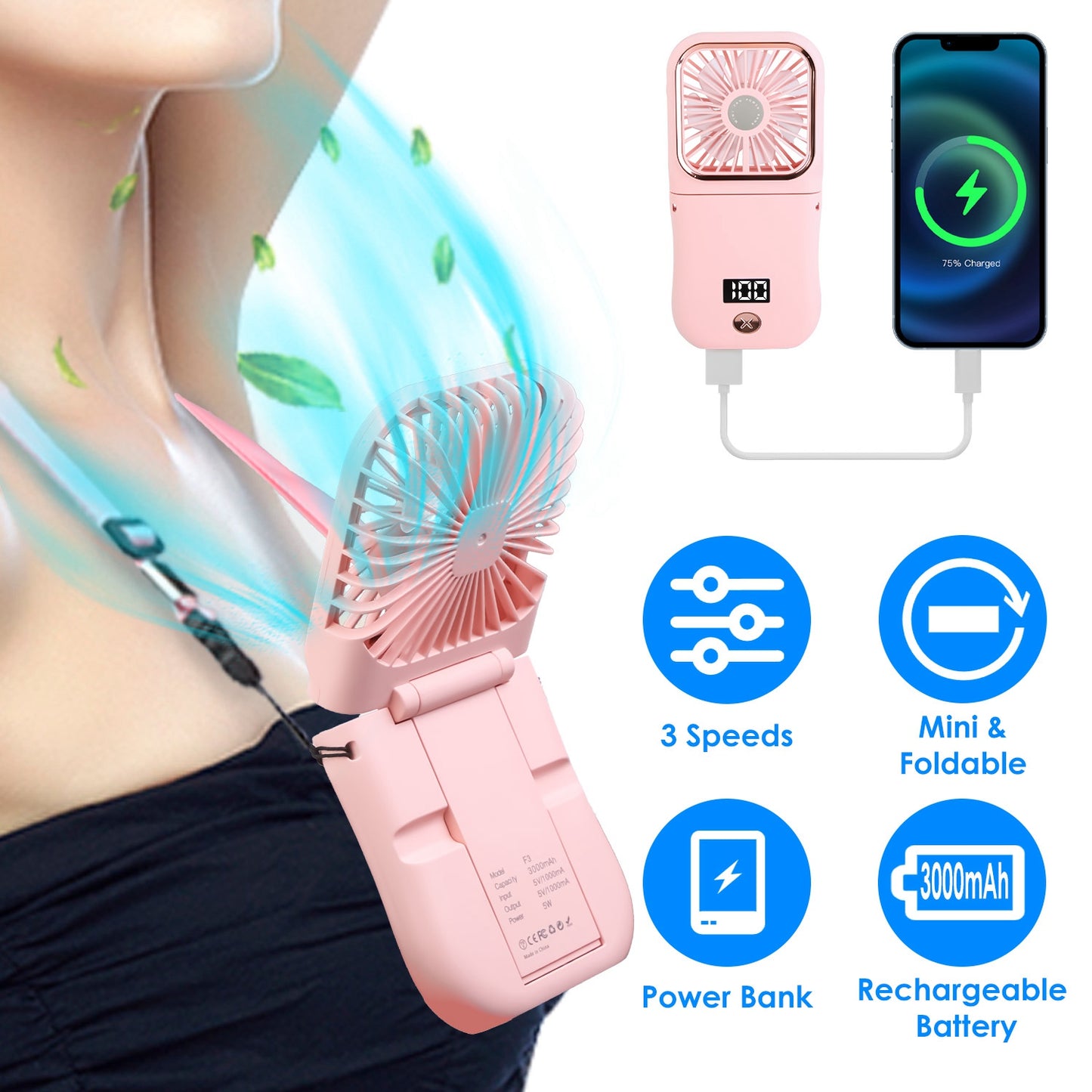 5 In 1 Folding Mini Fan Hands-free Rechargeable Neck Fan Handheld Fan with 3 Speeds Power Bank Phone Holder Neck Strap for Home Office Travel Dormitor