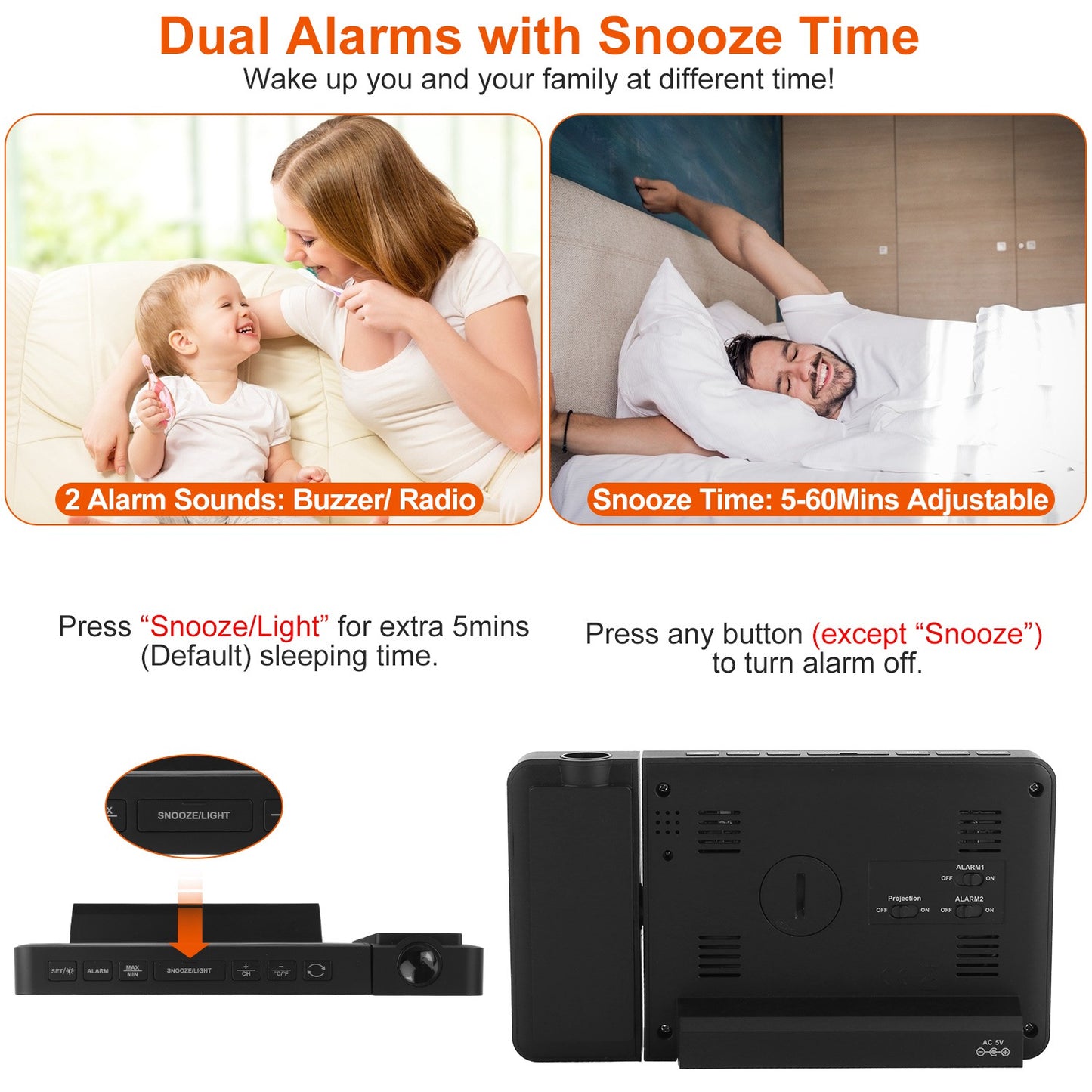 Atomic Projection Alarm Clock Radio Control Clock with WWVB Function Weather Station Dual AlarmsÊSnooze Outdoor Wireless Temperature Humidity Sensor