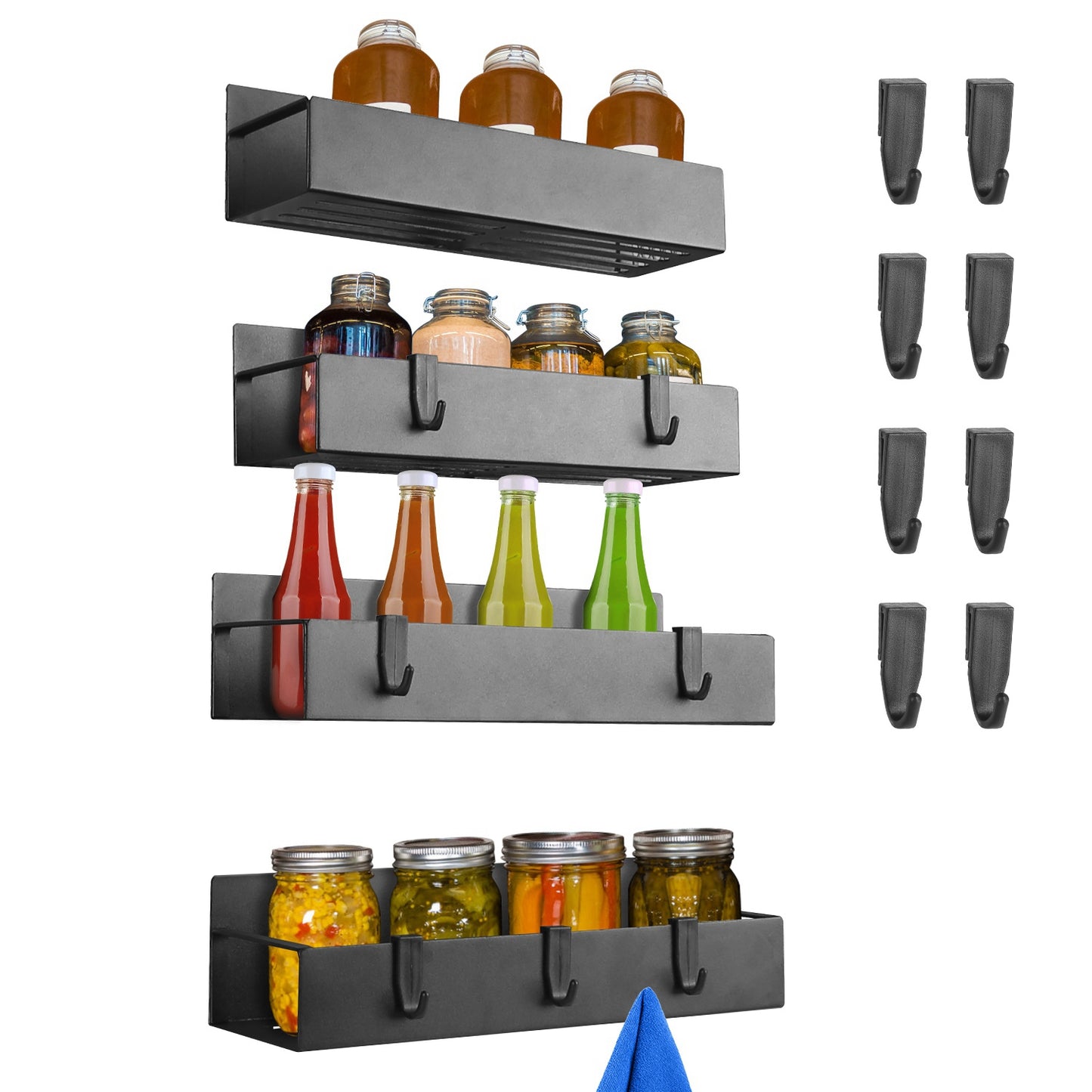 4Pcs Spice Rack Strong Magnetic Seasoning Storage Shelf with 8 Removable Hooks