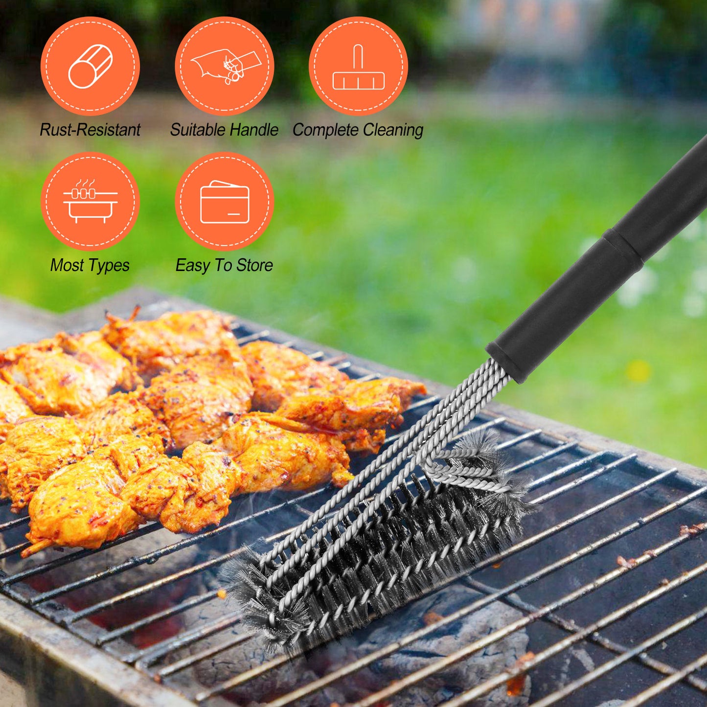 BBQ Grill Cleaning Brush Stainless Steel Barbecue Cleaner w/ 18in Suitable Handle Stiff Wire Bristles for Grill Cooking Grates