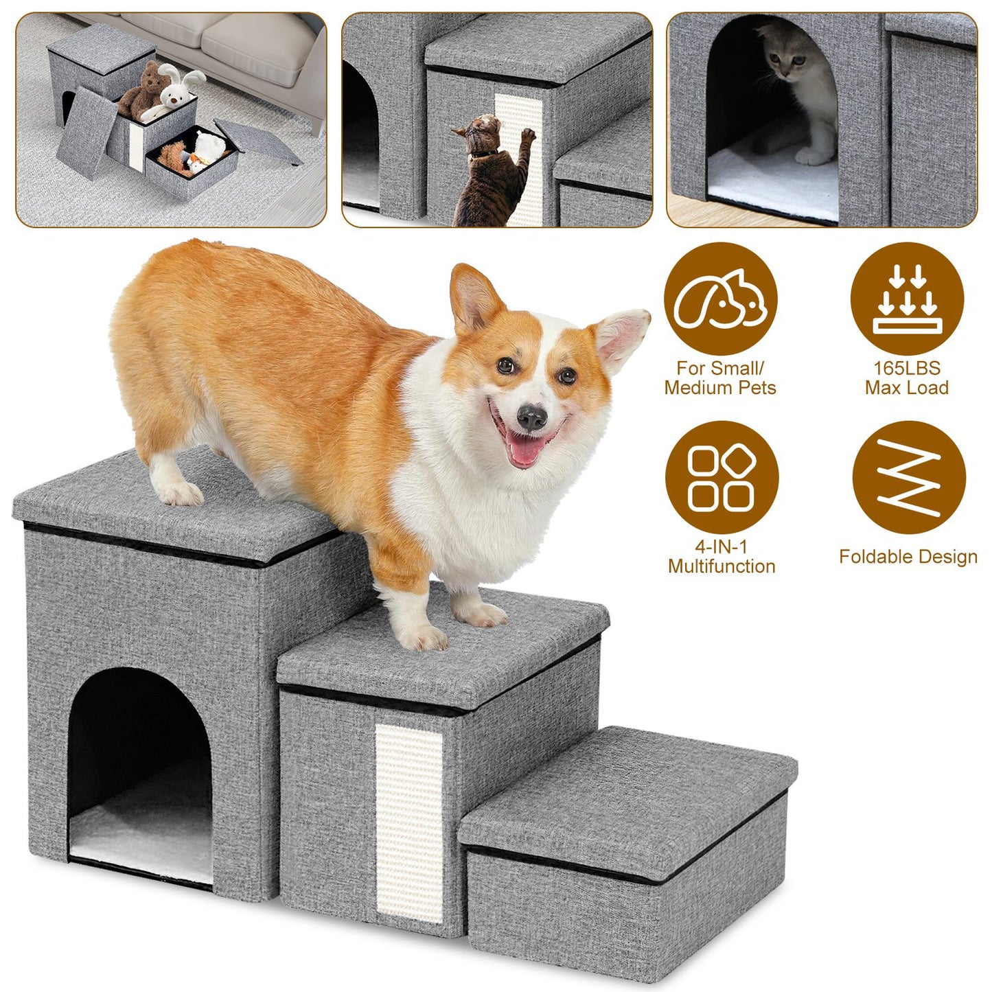 3 Step Pet Stair 4-IN-1 Foldable Dog Ramp Non-Slip Cat Storage Ladder with Scratcher Storage and Pet House for Old Pet Small/Medium Dog/Cat 165LBS Max