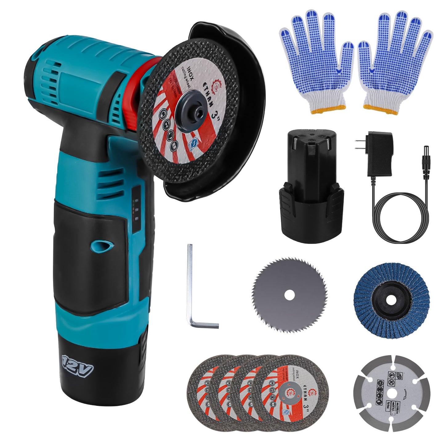 12V Cordless Mini Angle Grinder Hand Polishing Grinding Machine Cordless Cutter Grinding Tool with 7Pcs Disc 2Pcs 1100mAh Batteries and Charger Hex Ke