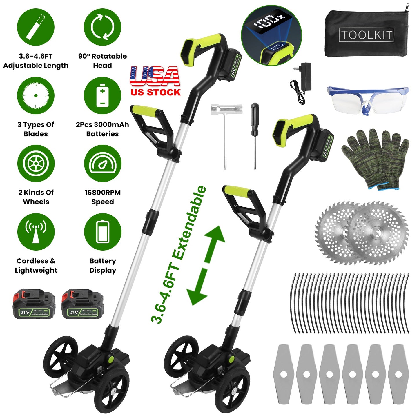21V Electric Weed Edger Cordless String Trimmer Grass Mower Eater Bush Cutter with 16800RPM 2x 3000mAh Batteries 3.6-4.6FT Length 90¡ Rotatable Angle