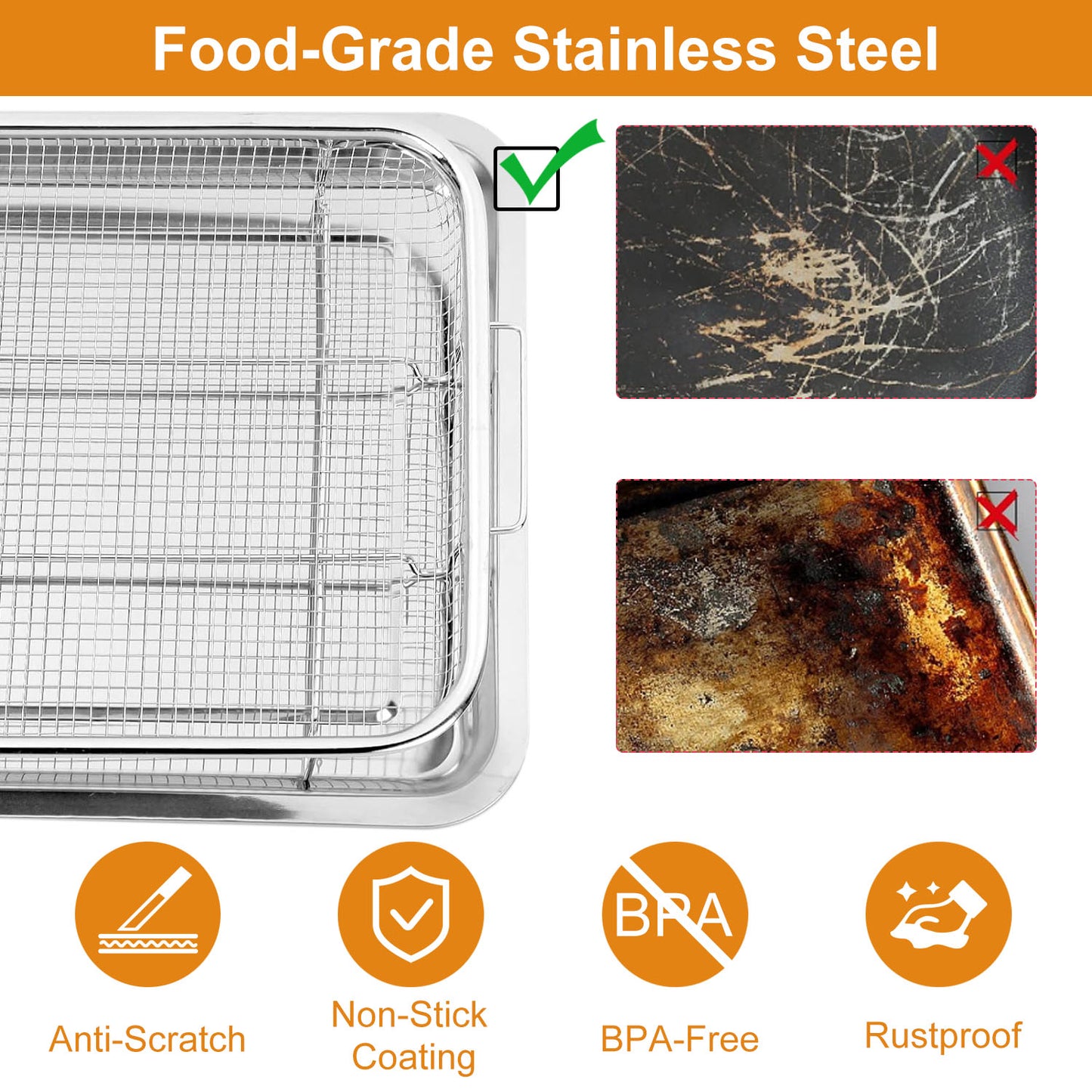 2Pcs Air Fryer Basket Tray 15.35x11.61in Stainless Steel Rustproof Non-Stick Oven Pan and Tray For Bake Grill Crispy Food Dishwasher Safe
