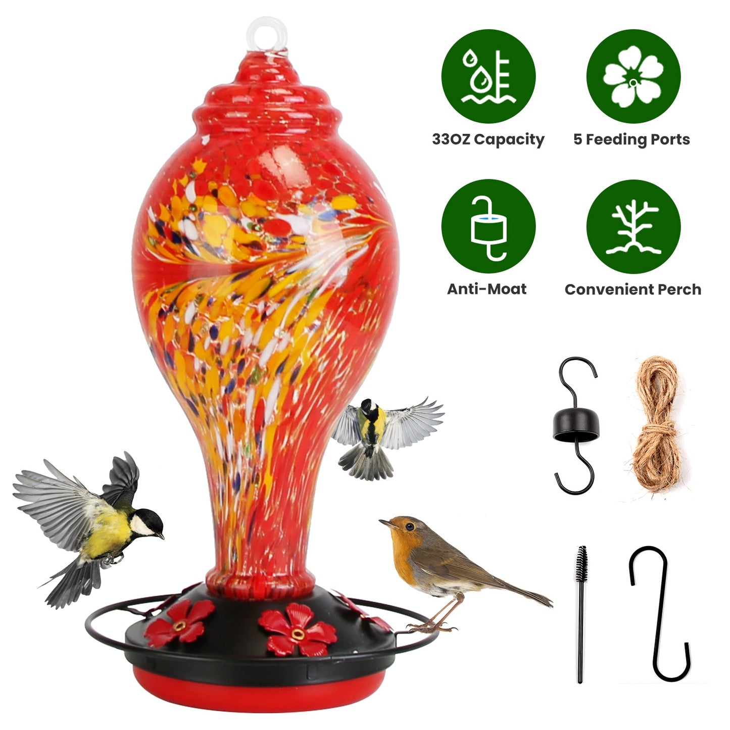 Glass Hummingbird Feeder 33OZ Hand Blown Hummingbird Feeder with 5 Flower Feeding Port Perch Ant Moat Hanging Hook S Hook Hemp Rope Cleaning Brush for