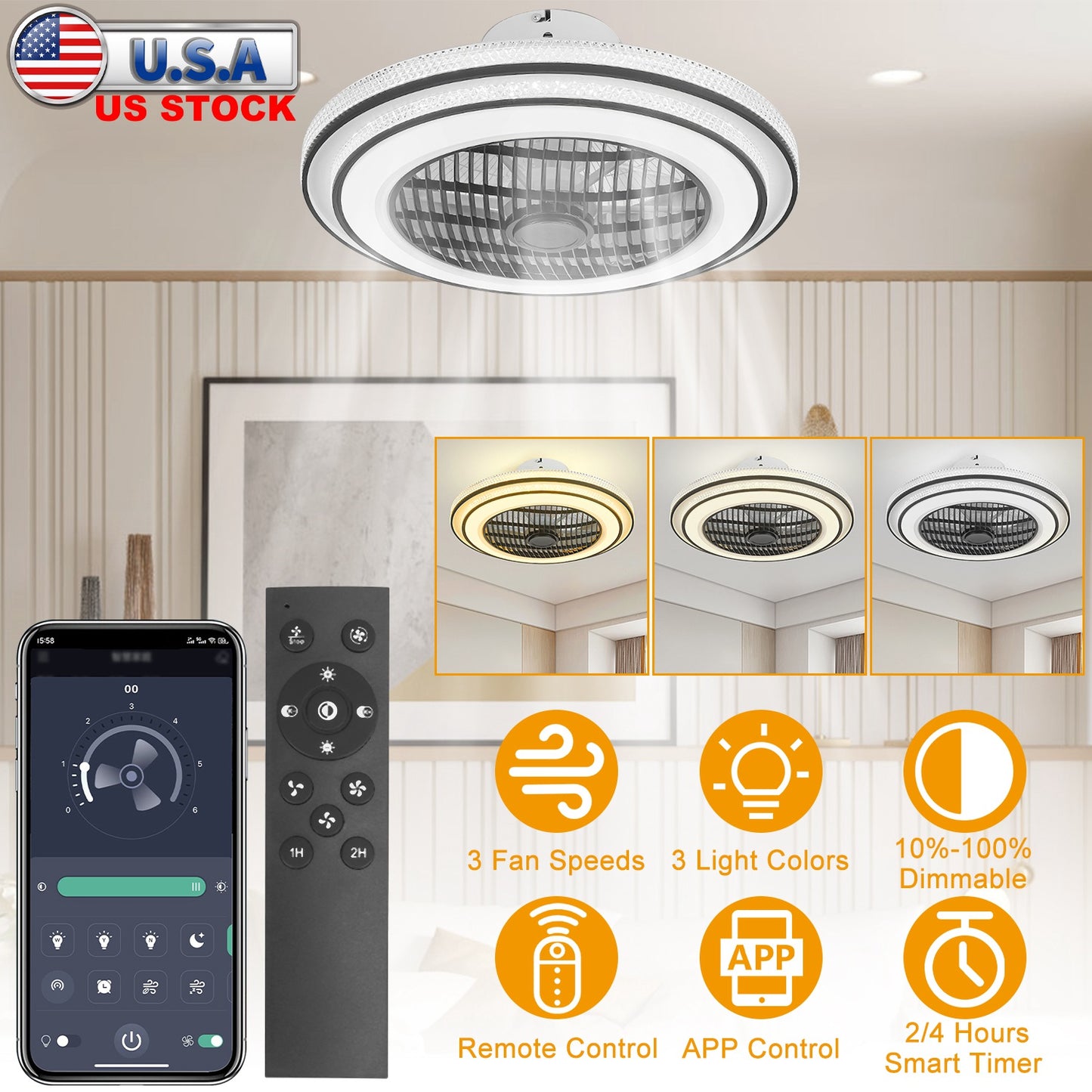 20.5in Ceiling Fan with Light RoundÊPendant Fan Lamp 30W LED Ceiling Fan with 3-Fan Speed Remote Control Timer APP Control