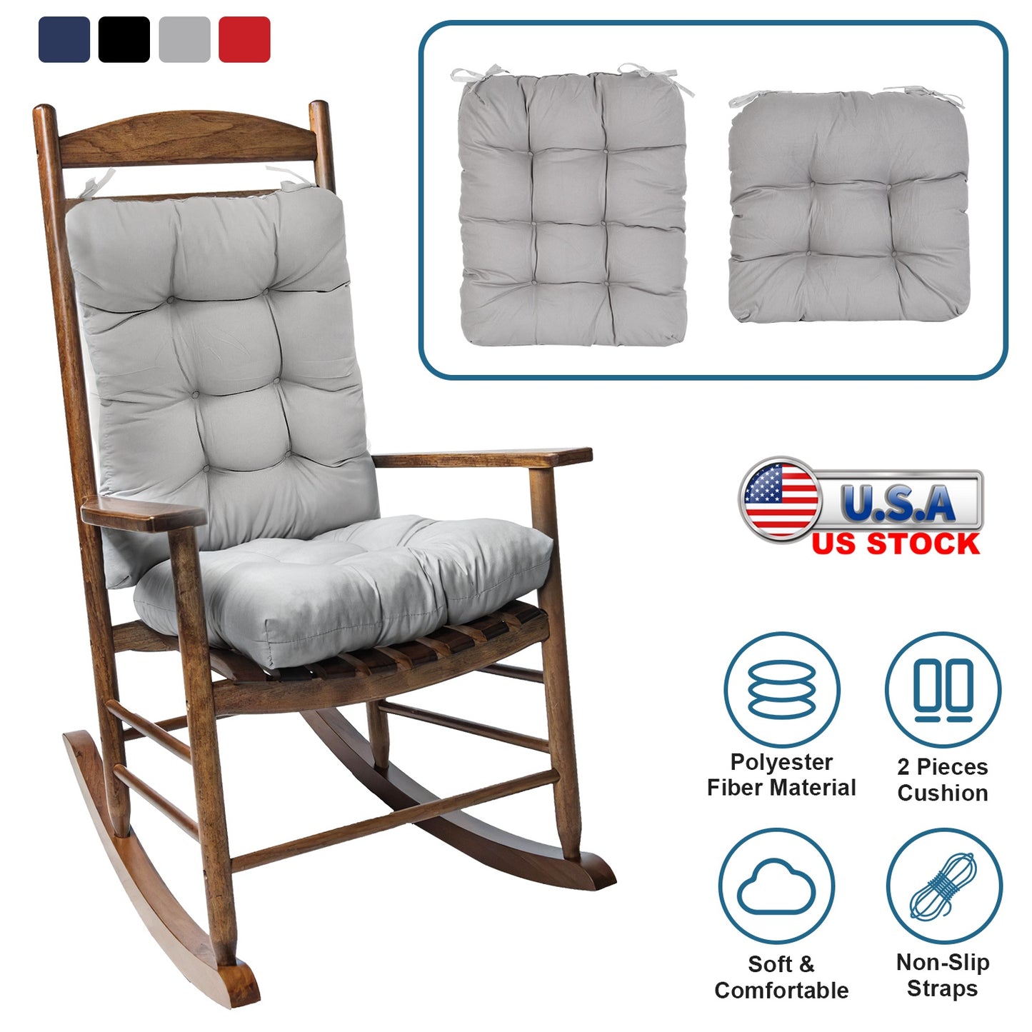 2Pcs Rocking Chair Cushion Upper And Lower Back And Seat Sets with Non-Slip Ties Polyester Fiber Filling Comfortable for Indoor Home Office Car