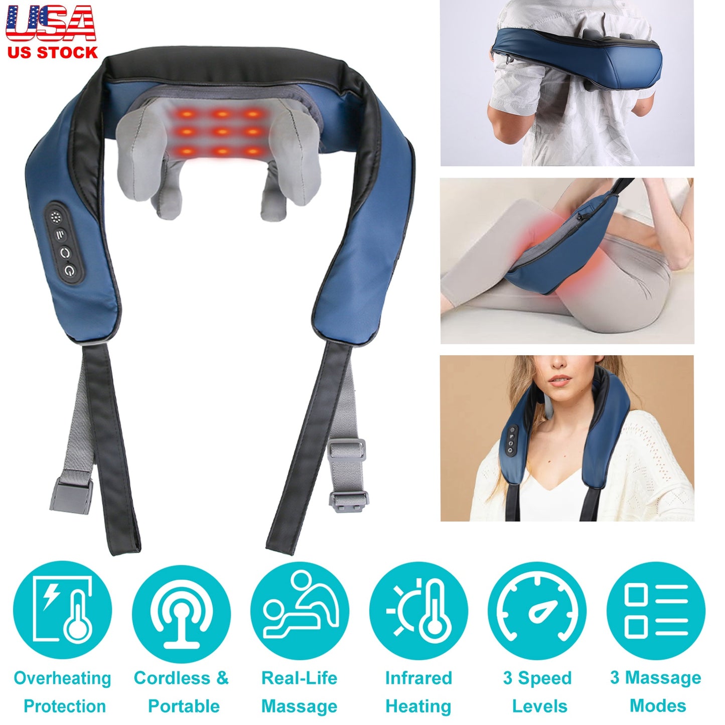 Electric Neck Shoulder Massager with Infrared Light Heating 3 Massage Modes Speeds Kneading Grasping Shiatsu Massage Pillow For Back Arms Thighs Relea