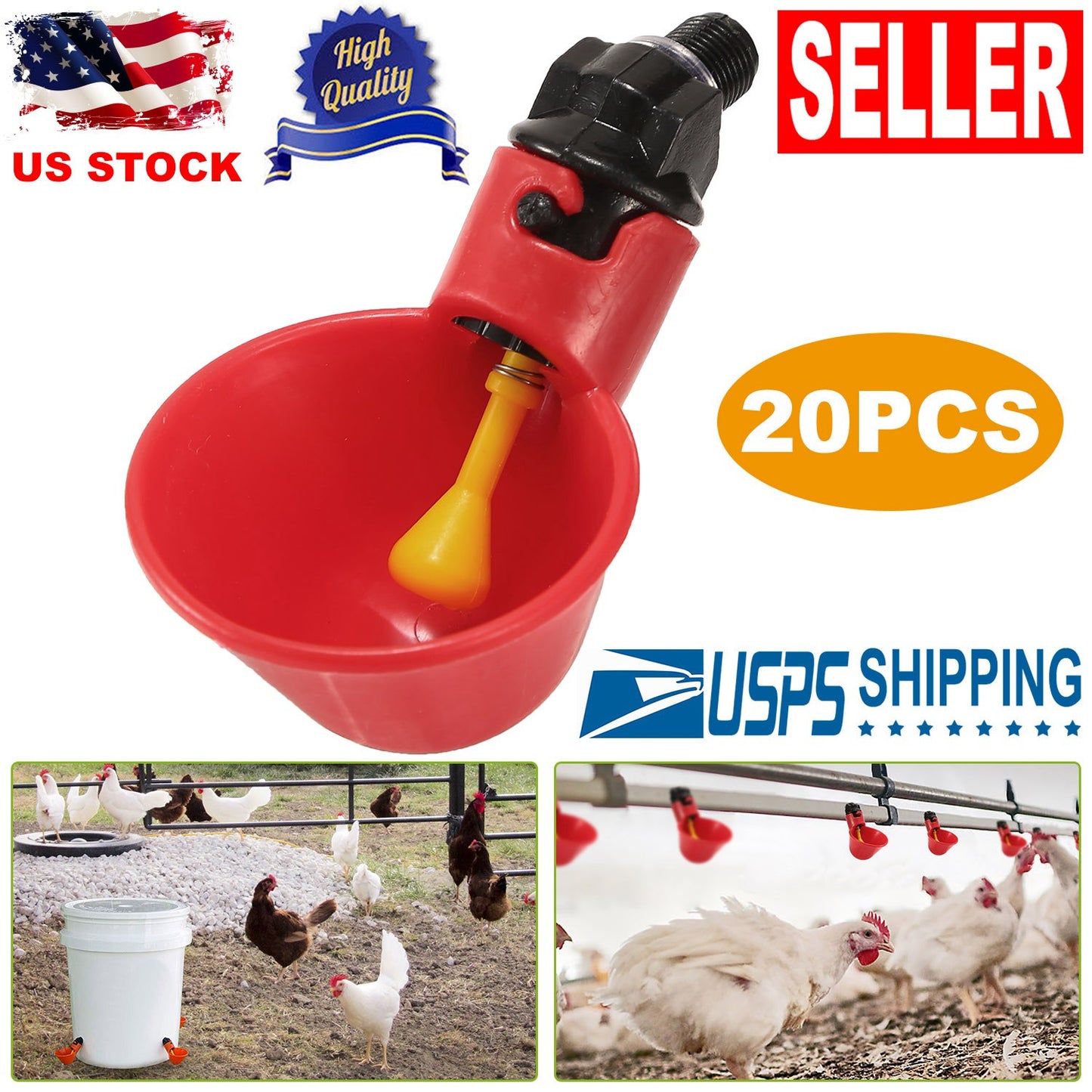 20 Pack Chicken Waterer Automatic Poultry Waterer Chicken Drinker Cups w/Mounting Joint for Chicken Poultry