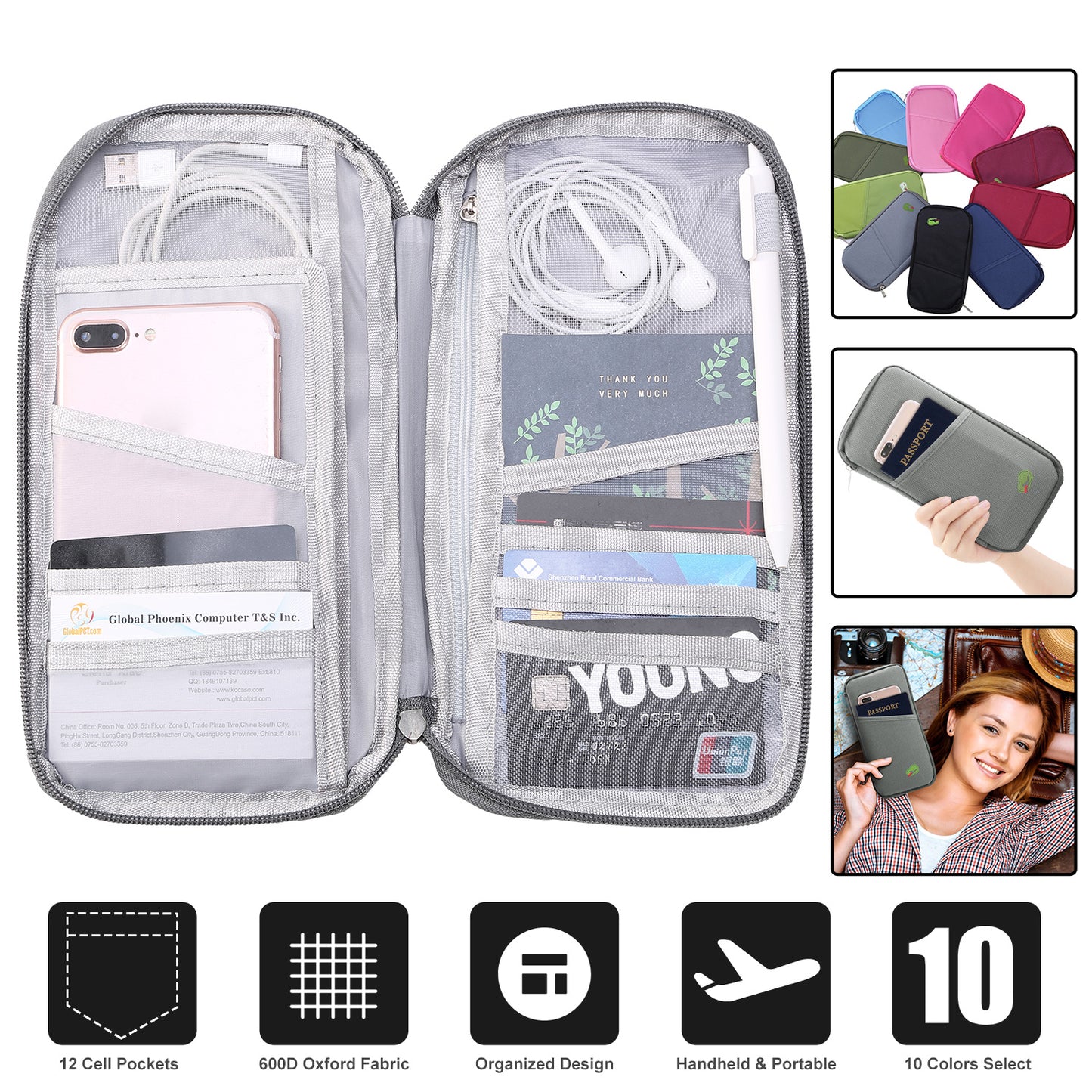 Travel Passport Wallet 12Cells Ticket ID Credit Card Holder Water Repellent Documents Phone Organizer Zipper Case Business Trip Daily Use