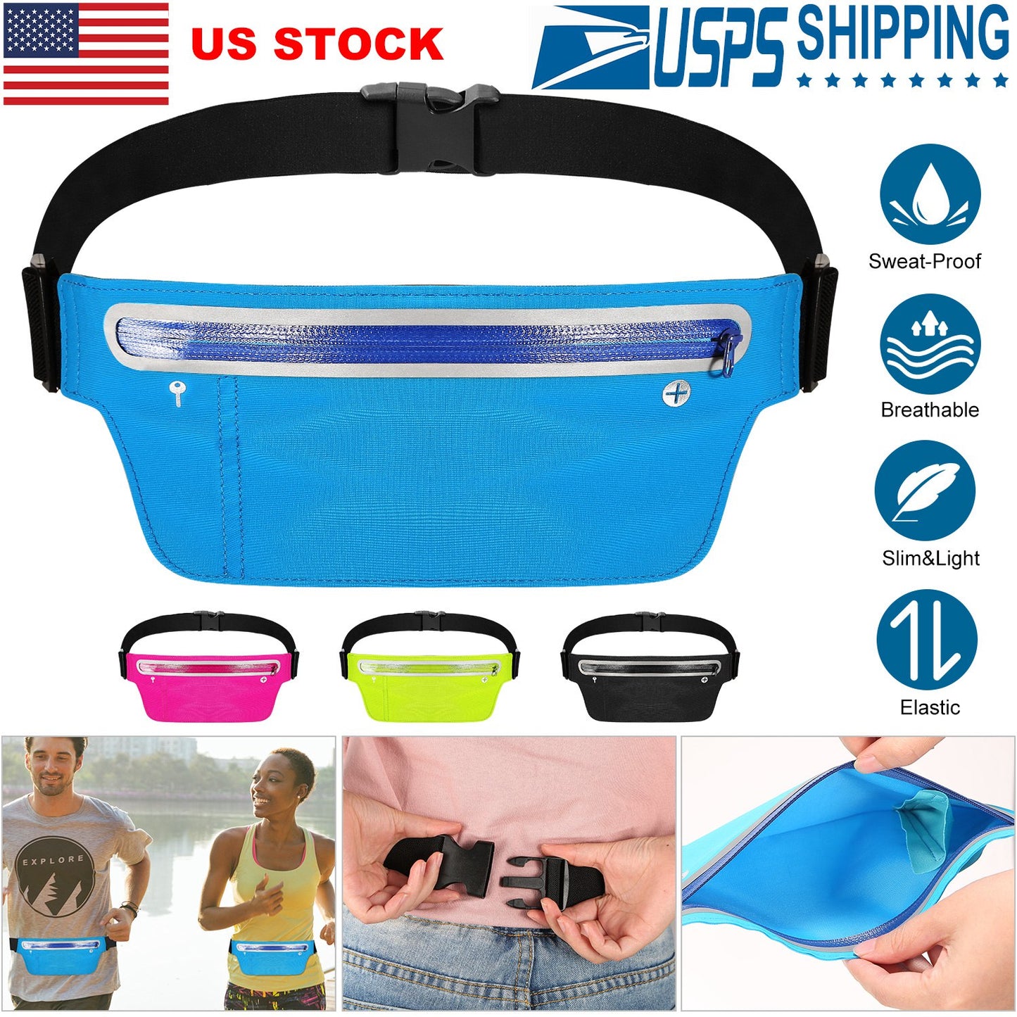 Unisex Sport Waist Pack Running Belt Bag Pouch Adjustable Bounce Free Sweat-Proof Lightweight Slim