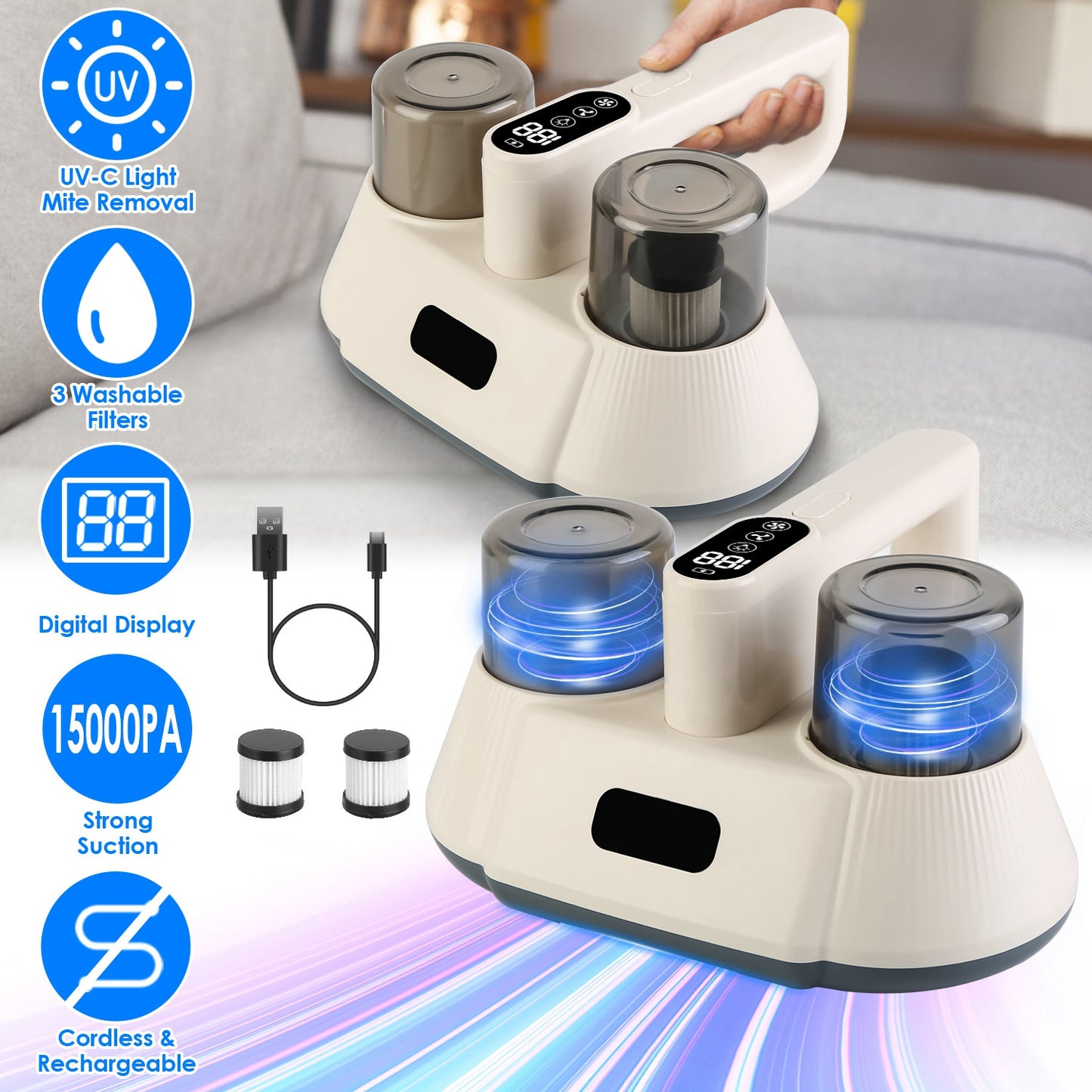 15000PA Double-Cup Bed Vacuum Cleaner with UV-C Light Cordless Mattress Vacuum Rechargeable Dust Mites Remover with 3 Washable Filters