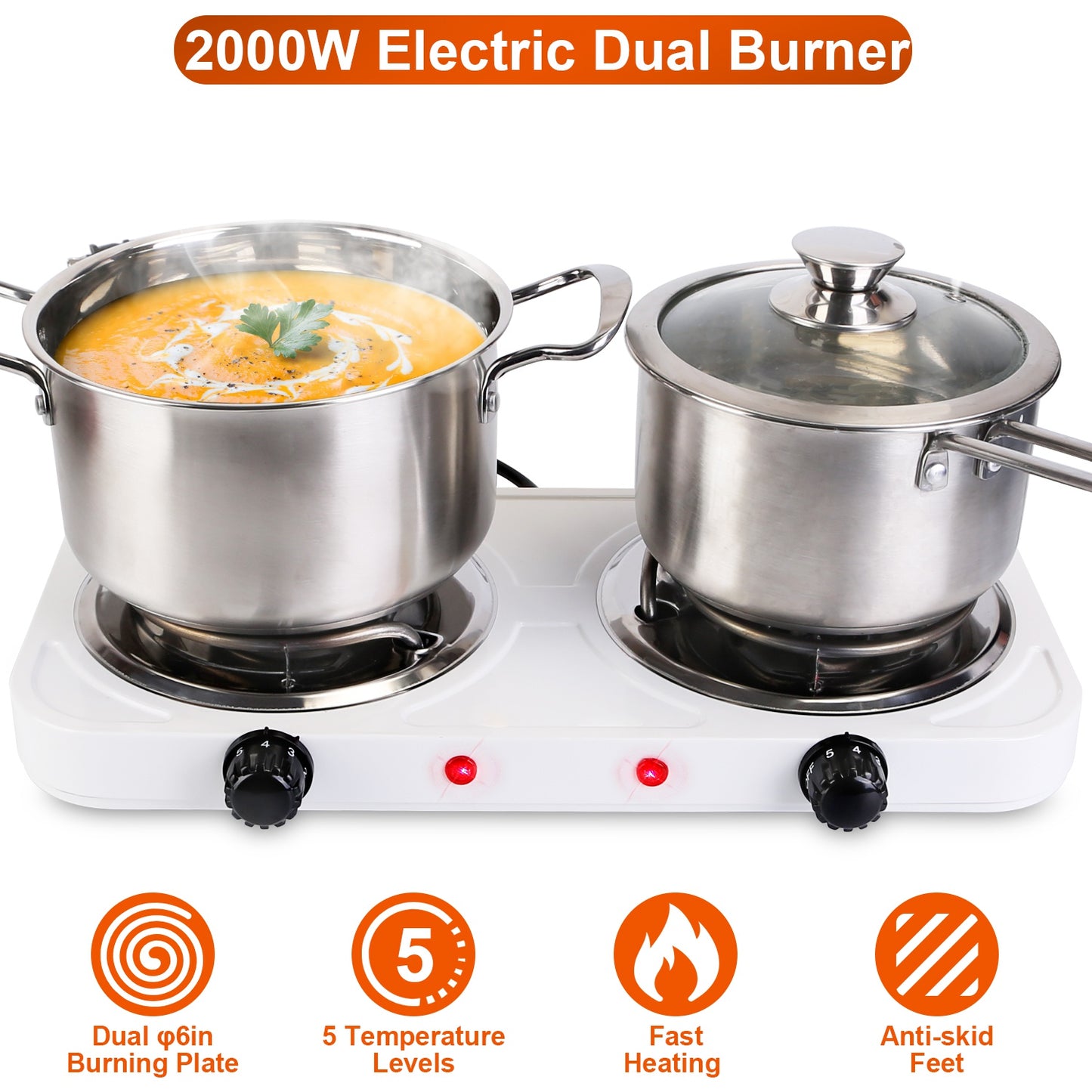 2000W Electric Double Burner Portable Coil Heating Hot Plate Stove Countertop RV Hotplate with Non Slip Rubber Feet 5 Temperature Adjustments