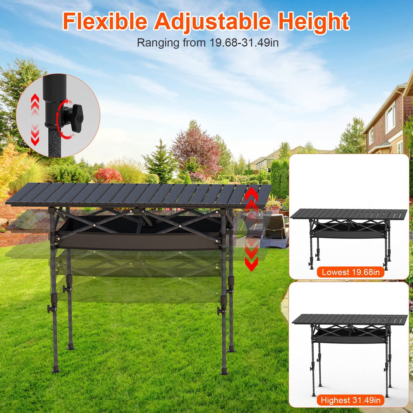 Portable Folding Camping Table With Adjustable Height Hanging Net Rustproof Carbon Steel Foldable Roll-Up Camping Table for Picnic Camping Hiking Beac