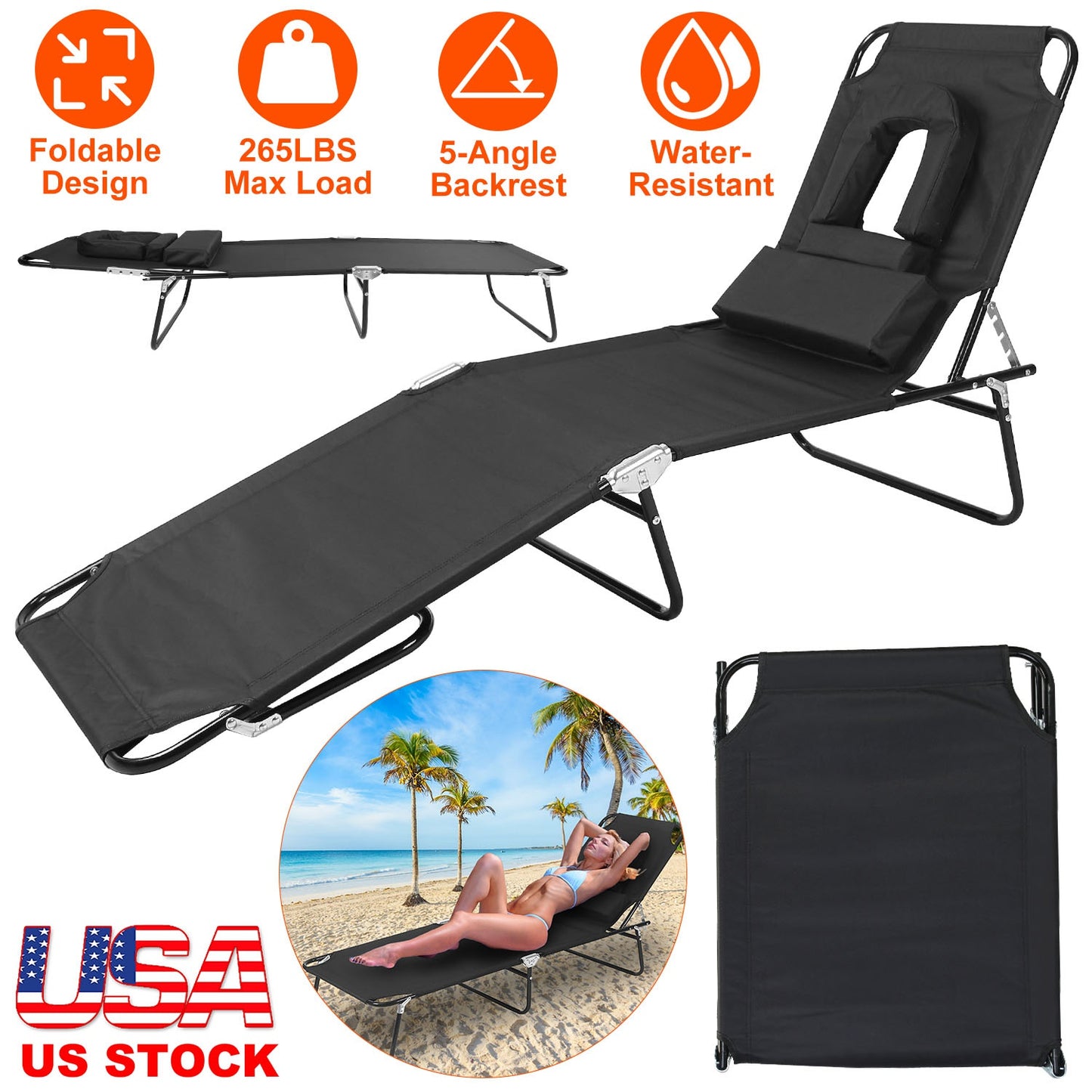 Folding Beach Lounge Chair Face DownÊTanning Chaise Sunbathing Recliner 265LBS Max Load with 5-Angle Backrest 3 Removable Pillows for Beach Pool Lawn