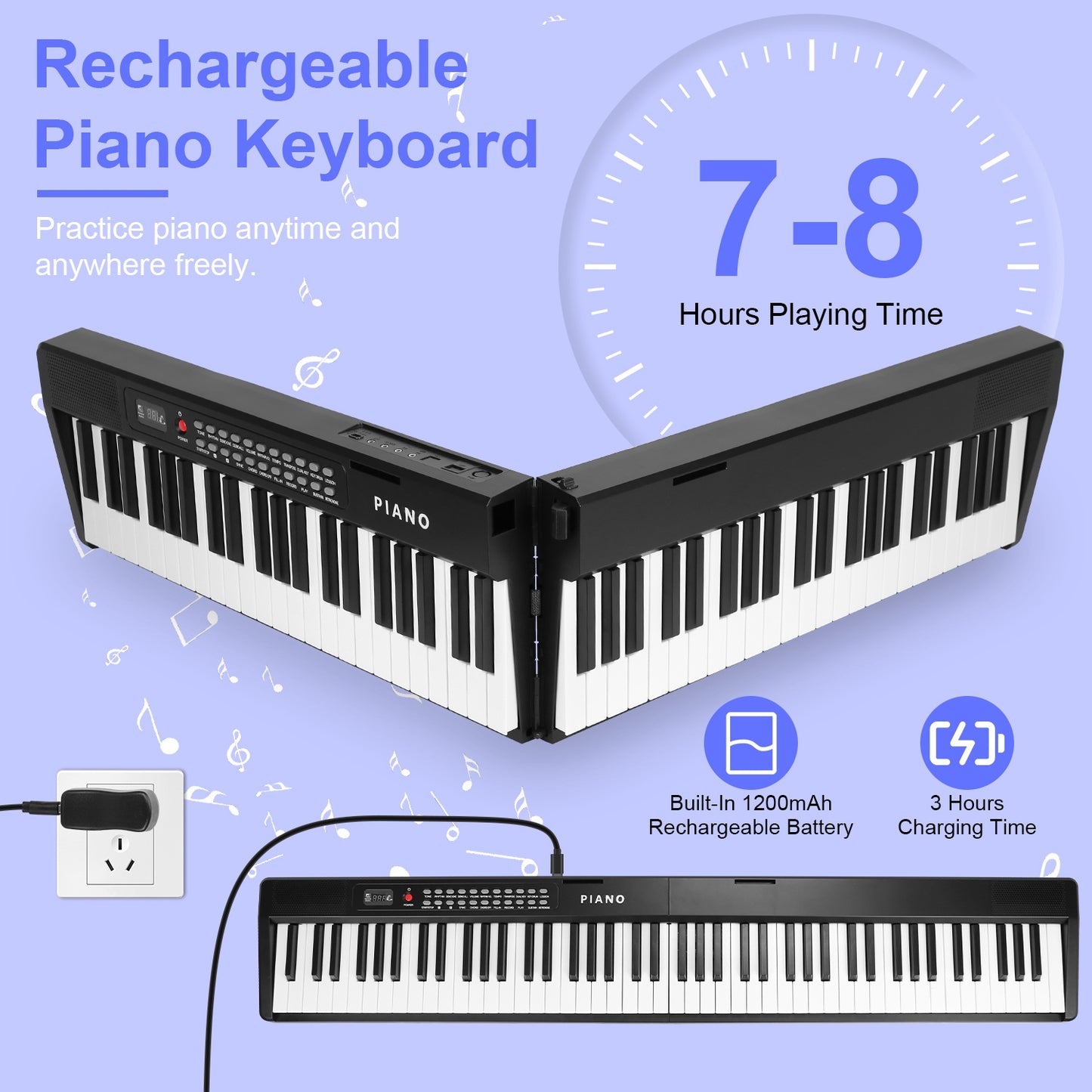 Folding Piano Keyboard 88 Keys Rechargeable Full Size Semi Weighted Piano Digital ElectronicÊPiano with LCD Screen Carry Bag Mic Sheet Music Stand Sti