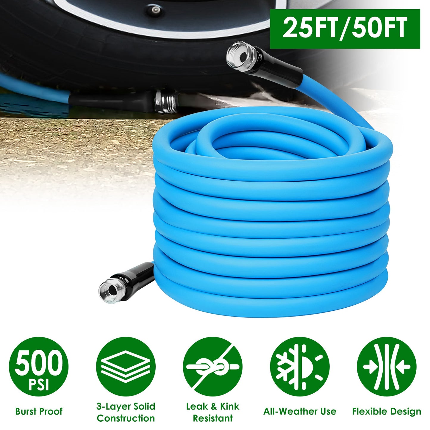 25FT/50FT 5/8" Non-Expanding Flexible Garden Hose Heavy Duty PVC Water Hose Leak-Resistant Kink-Free All-weather Burst 500PSI
