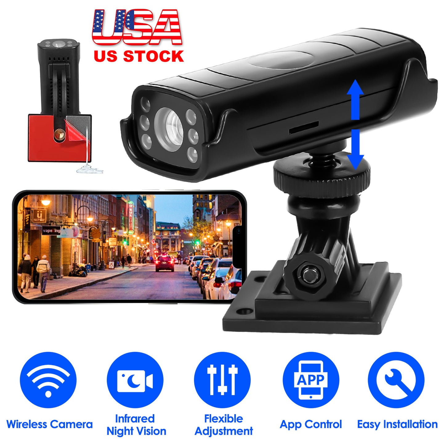 Wireless Camera Reverse Hitch Guide Camera Vehicle Backup Rechargeable Camera with Flexible Adhesive Base Night Vision for Car RVs Trailer Truck