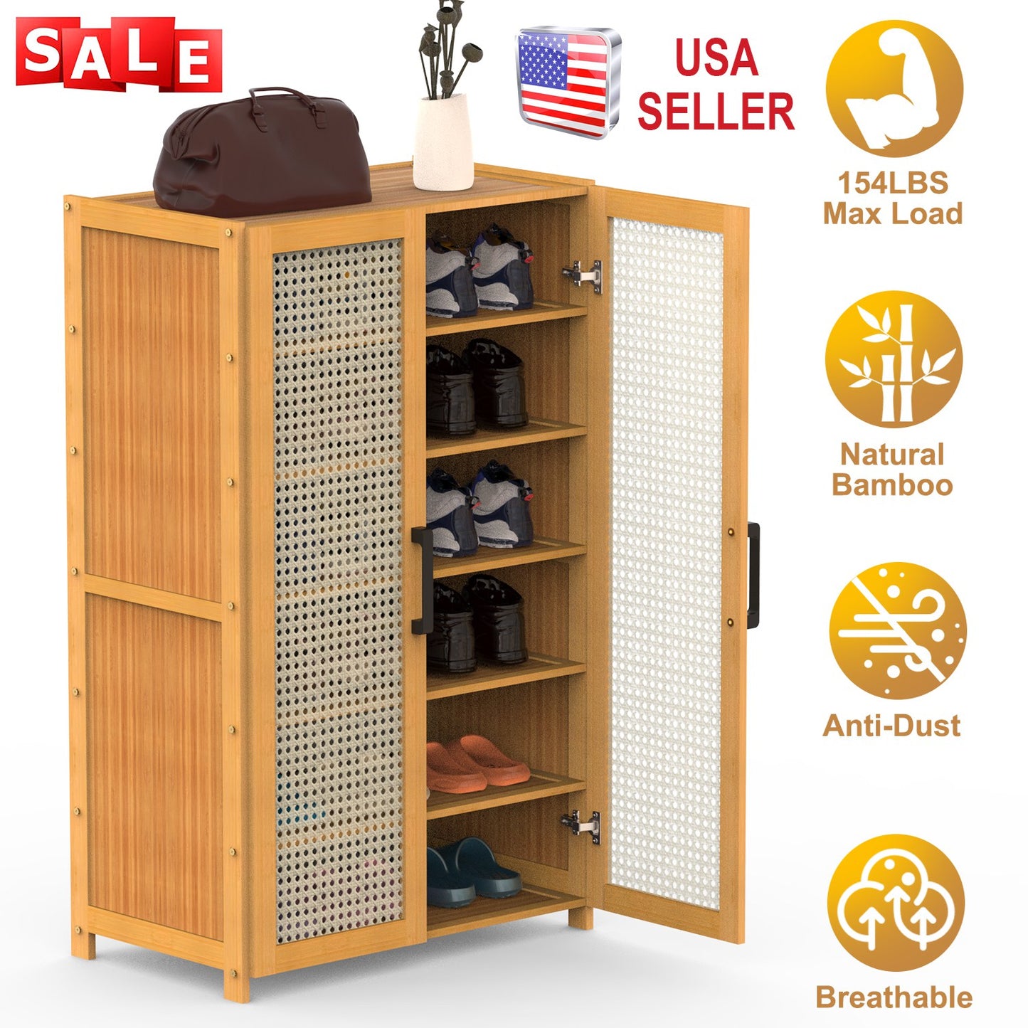 6-Tier Shoe CabinetÊwith Bamboo Shoe Rack Freestanding Shoe Organizer with 2 Hollow Doors and Handles 154lbs Max Load for Closet Hallway Living Room
