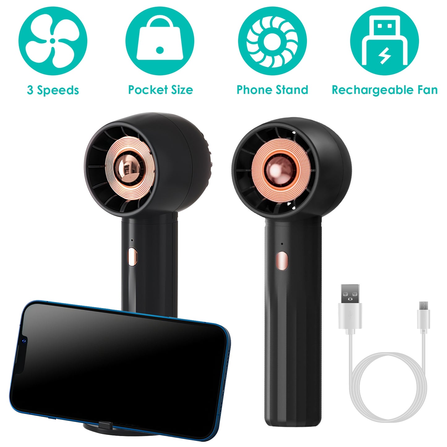 Portable Handheld Fan Rechargeable Pocket Personal Fan Quiet Desk Phone Holder Fan with 3 Speeds Removable Base for Commute Office Outdoor Indoor