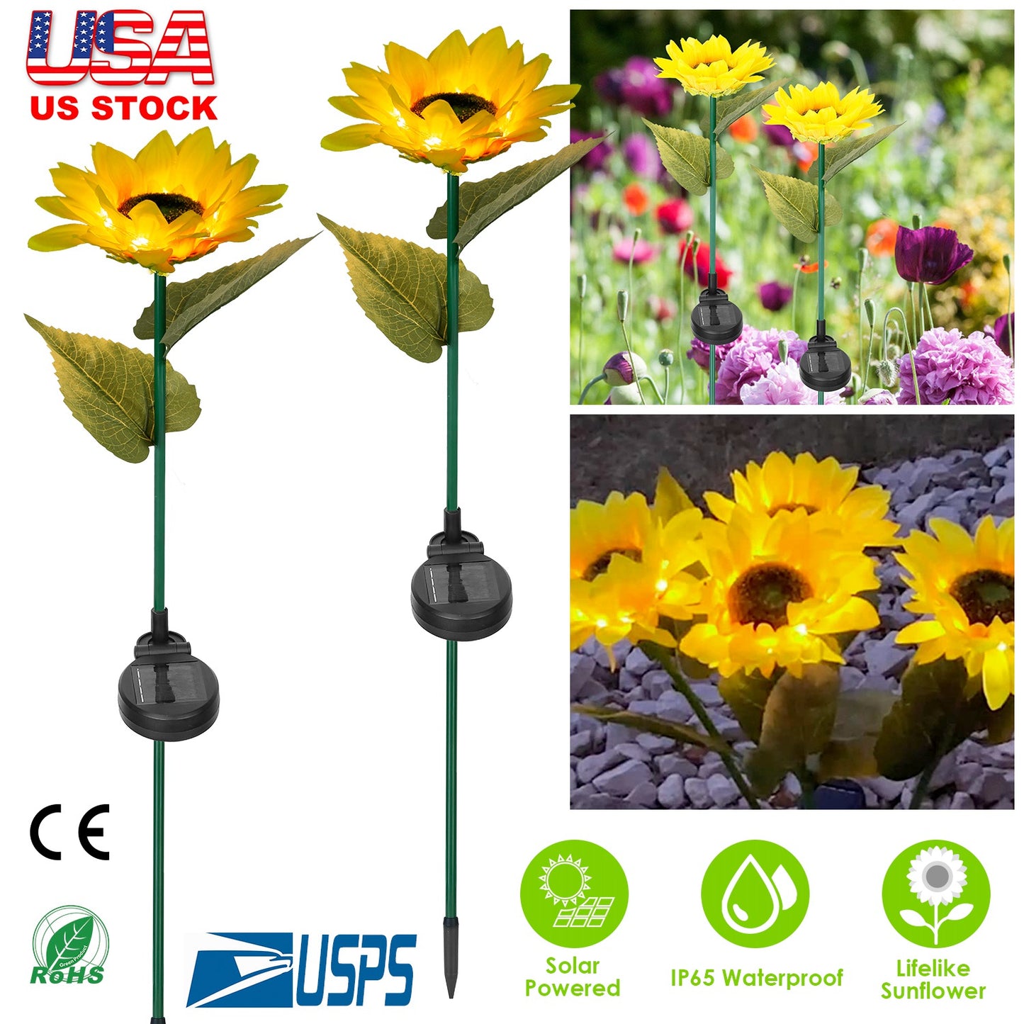 2Pcs Solar Powered Sunflower Lights 10 LED Decorative Stake Lamp IP65 Waterproof Pathway Landscape Lights For Garden Patio Yard Walkway