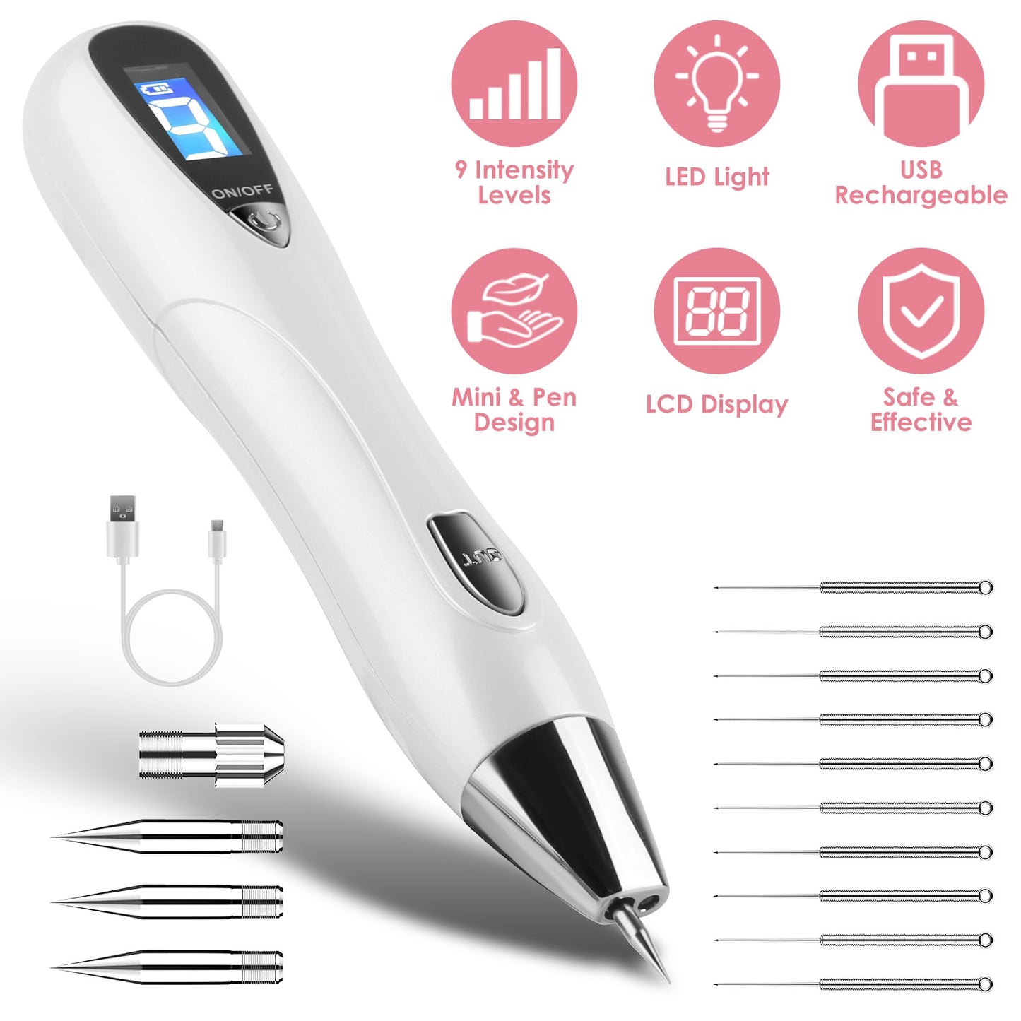 Skin Tag Remover Skin Tag Repair Kit Tattoo Freckle Wart Mole Remover Pen with 9 Intensity Levels 10 Fine Needles 3 Coarse Needles